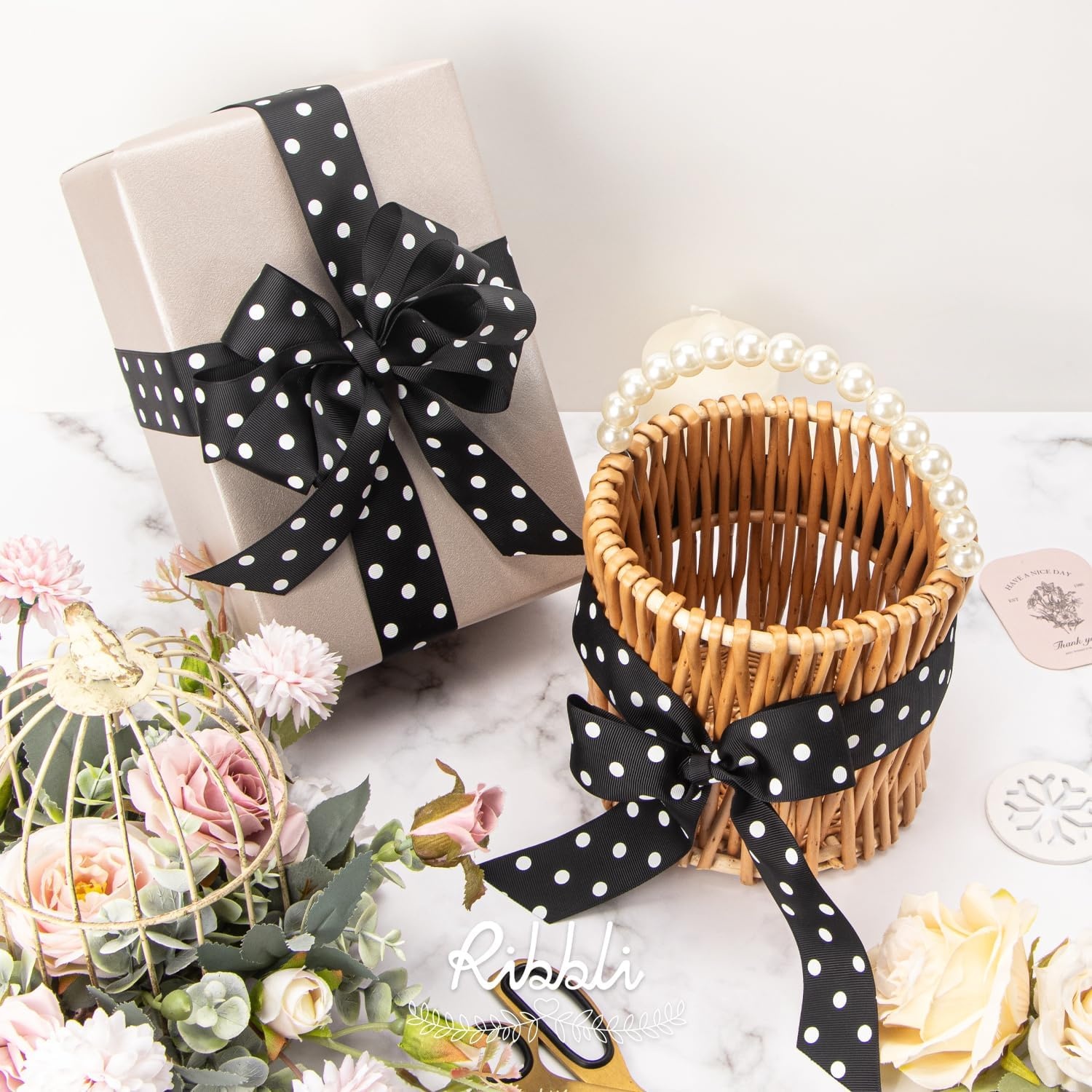 Ribbli Grosgrain Polka Dot Craft Ribbon,1-1/2 Inch,10-Yard Spool,Black with White Dots,Use for Hair Bows,Gift Wrapping,All Crafting and Sewing(Black/White)