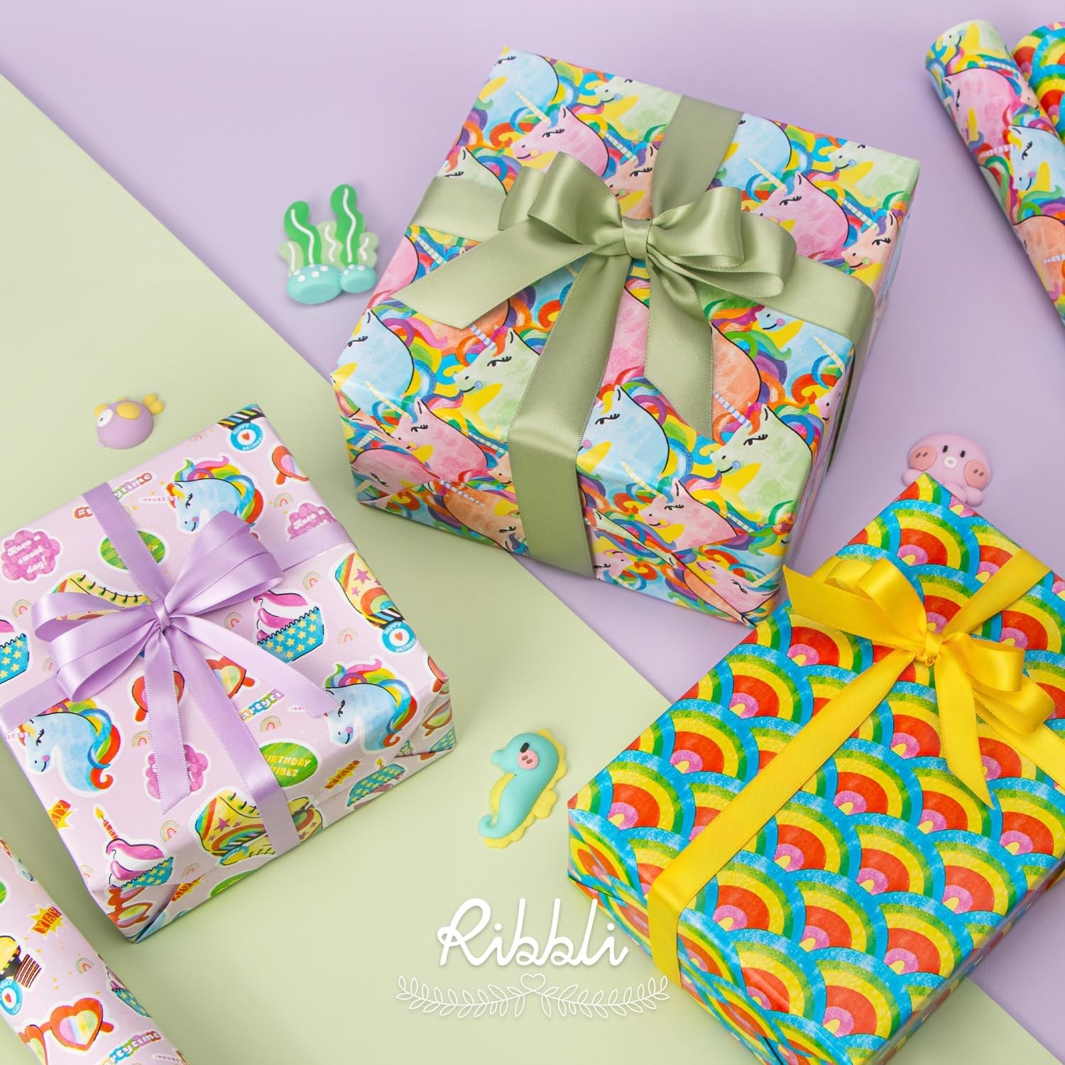 Ribbli Dinosaur Birthday Wrapping Paper 3 Rolls Happy Birthday Dinosaur Balloon Printed Wrapping Paper for Boys- Mini Roll 17 inch x 120 inch(10feet) Per Roll(Rainbow Unicorn)
