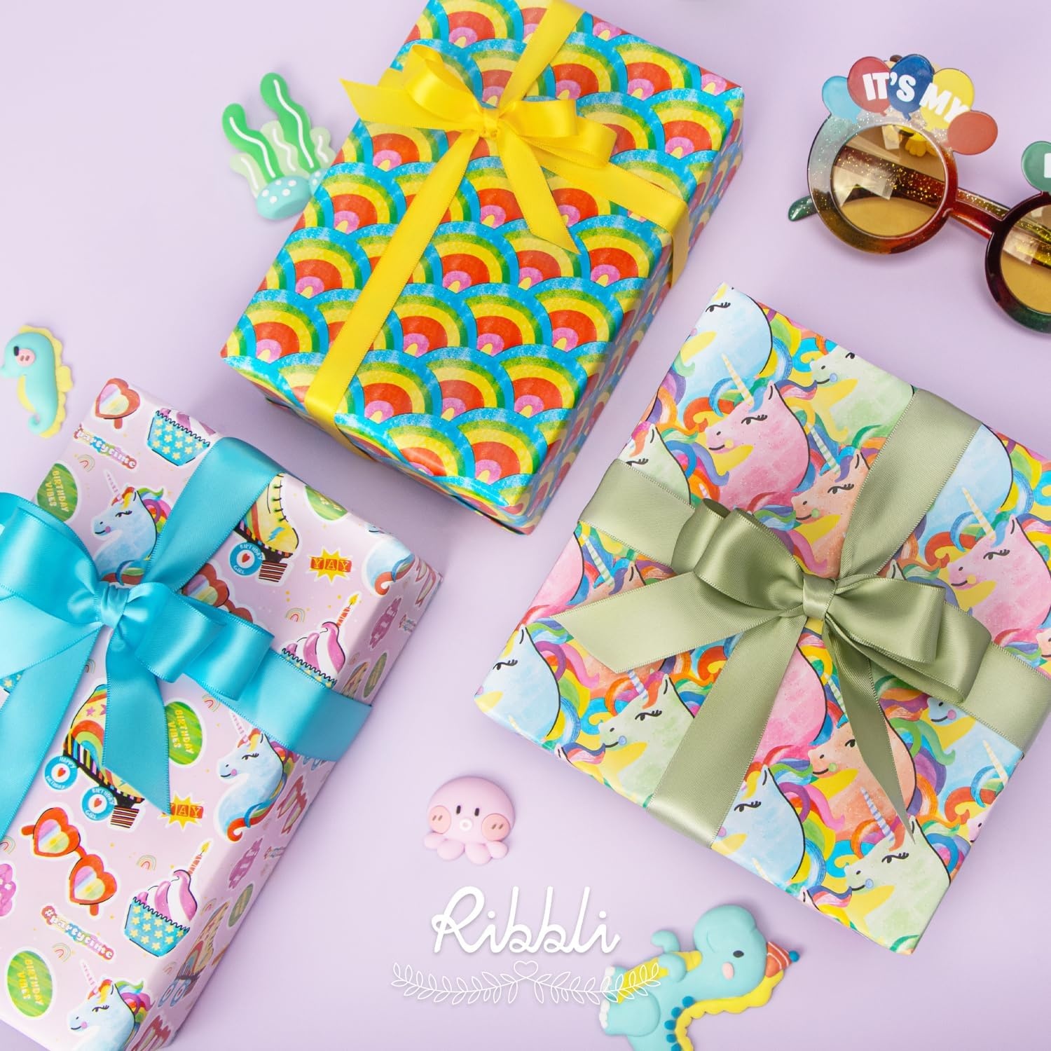 Ribbli Dinosaur Birthday Wrapping Paper 3 Rolls Happy Birthday Dinosaur Balloon Printed Wrapping Paper for Boys- Mini Roll 17 inch x 120 inch(10feet) Per Roll(Rainbow Unicorn)