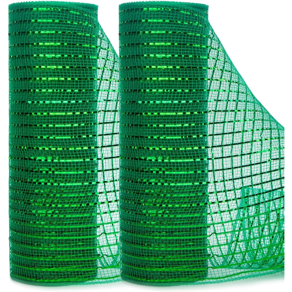 Ribbli 2 Rolls Champagne Gold Metallic Mesh Ribbon Champagne Gold Deluxe Foil Christmas Ribbon for Christmas Tree Wreath Swags Wedding Garland 10 inch x 30 feet(10Yard) Per Roll(Emerald Green)