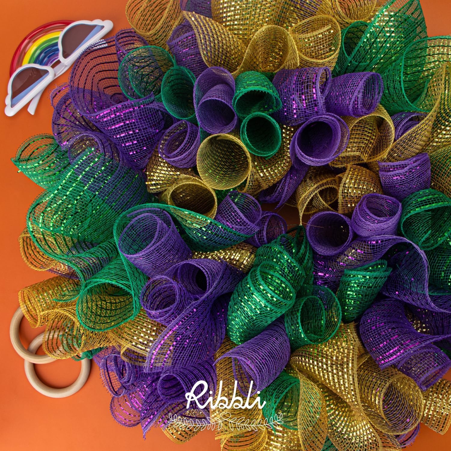 Ribbli 2 Rolls Champagne Gold Metallic Mesh Ribbon Champagne Gold Deluxe Foil Christmas Ribbon for Christmas Tree Wreath Swags Wedding Garland 10 inch x 30 feet(10Yard) Per Roll(Emerald Green)