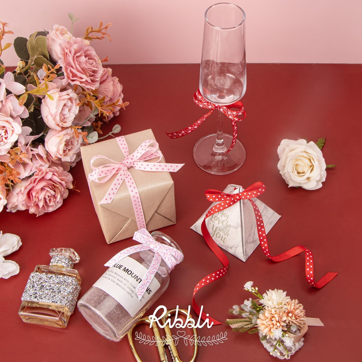 Ribbli Valentine’s Day Ribbon,4 Rolls Grosgrain Ribbon Use for Valentines Day Craft,Gift Wrapping,Home Decor,3/8 Inches Total 40 Yards,Red/White/Pink/Hot Pink(Red/Pink/White)