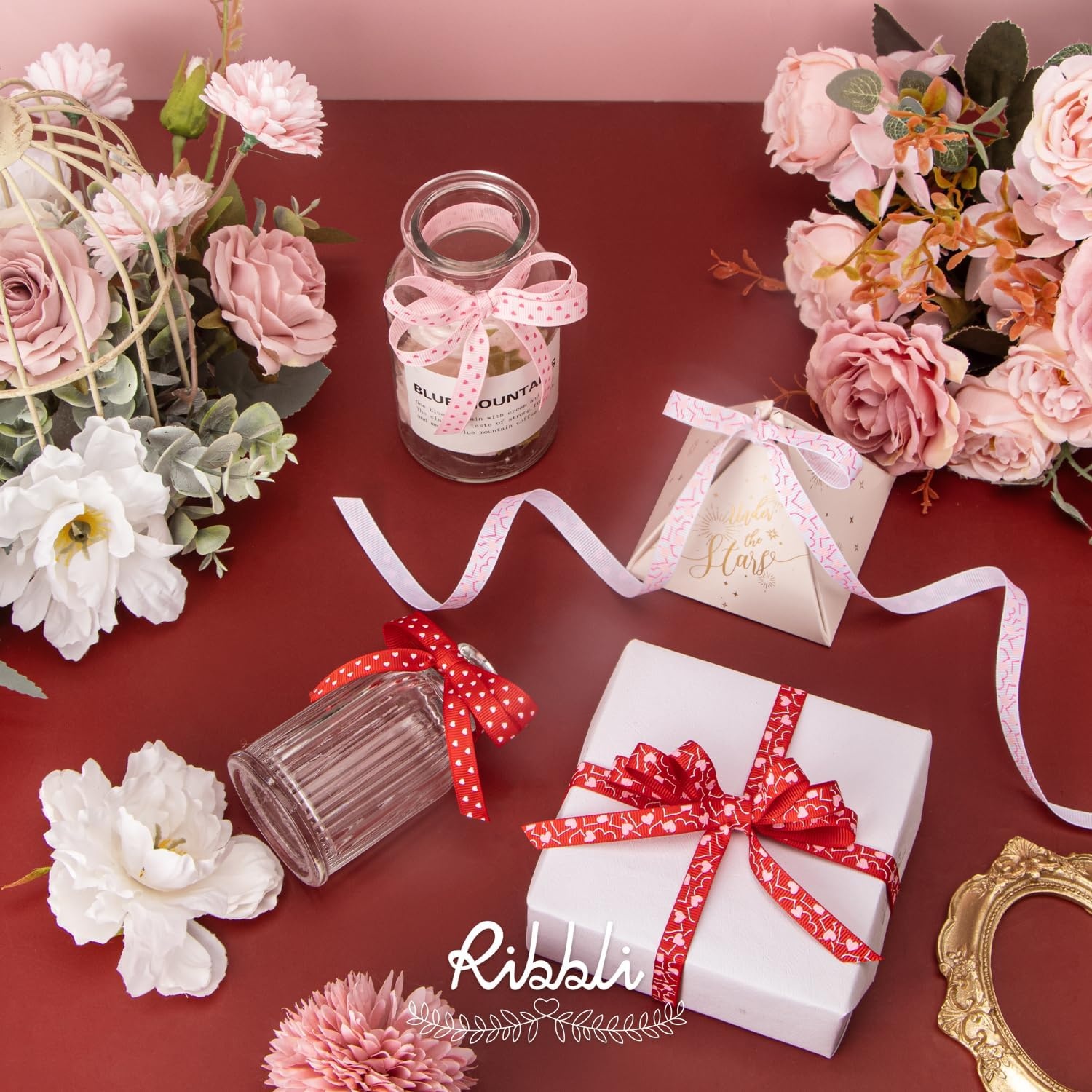 Ribbli Valentine’s Day Ribbon,4 Rolls Grosgrain Ribbon Use for Valentines Day Craft,Gift Wrapping,Home Decor,3/8 Inches Total 40 Yards,Red/White/Pink/Hot Pink(Red/Pink/White)