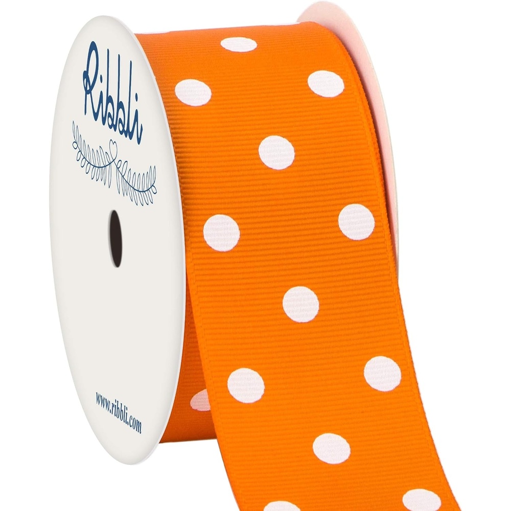 Ribbli Grosgrain Polka Dot Craft Ribbon,1-1/2 Inch,10-Yard Spool,Apple Green with White Dots,Use for Hair Bows,Gift Wrapping,All Crafting and Sewing(Tangerine/White)