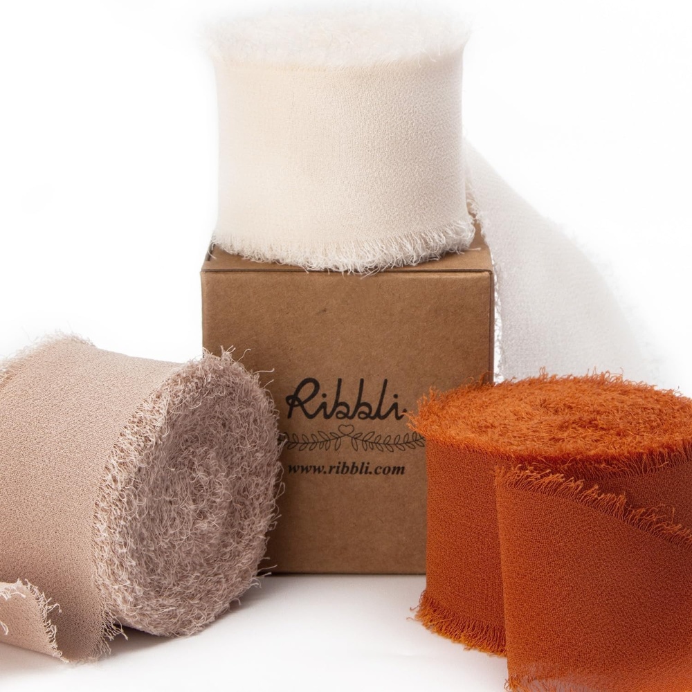 Ribbli Chiffon Silk Ribbon, 1.5 inch x 30 Yard, Champagne/Terracotta/Rust Red Fringe Chiffon Fall Ribbon for Wedding Invitations, Bridal Bouquets Wrapping, Flower Arrangement Decoration(Cream/Beige/Terracotta)