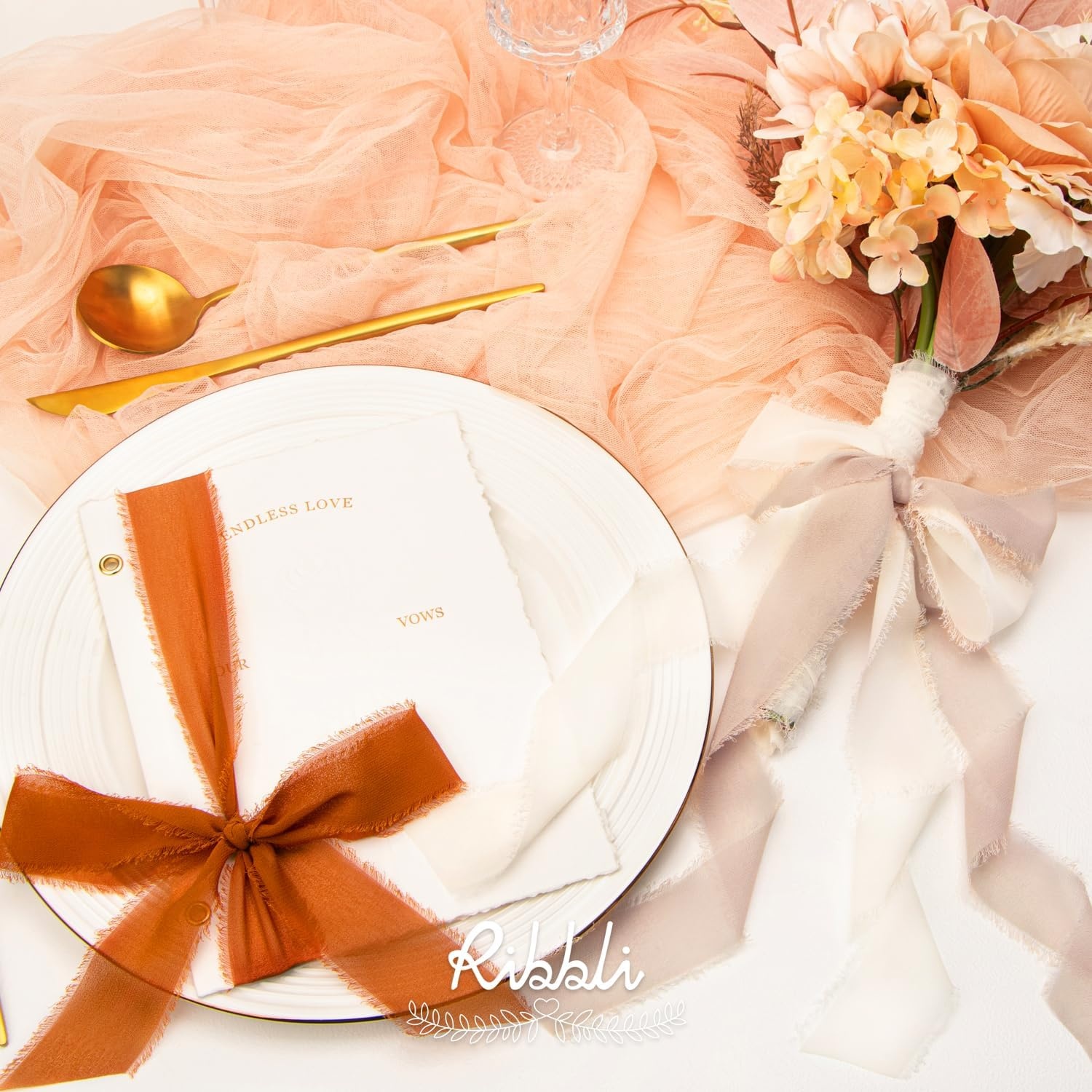 Ribbli Chiffon Silk Ribbon, 1.5 inch x 30 Yard, Champagne/Terracotta/Rust Red Fringe Chiffon Fall Ribbon for Wedding Invitations, Bridal Bouquets Wrapping, Flower Arrangement Decoration(Cream/Beige/Terracotta)