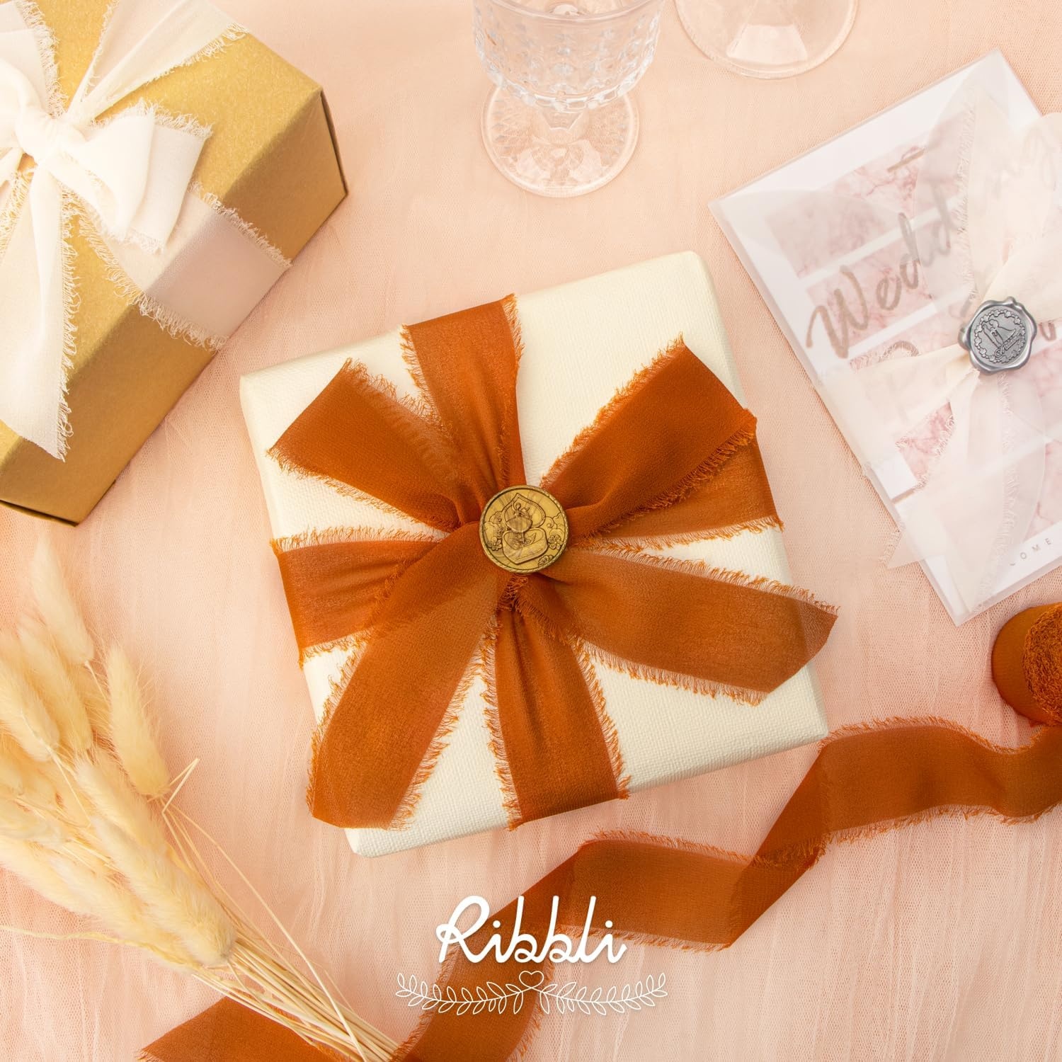 Ribbli Chiffon Silk Ribbon, 1.5 inch x 30 Yard, Champagne/Terracotta/Rust Red Fringe Chiffon Fall Ribbon for Wedding Invitations, Bridal Bouquets Wrapping, Flower Arrangement Decoration(Cream/Beige/Terracotta)
