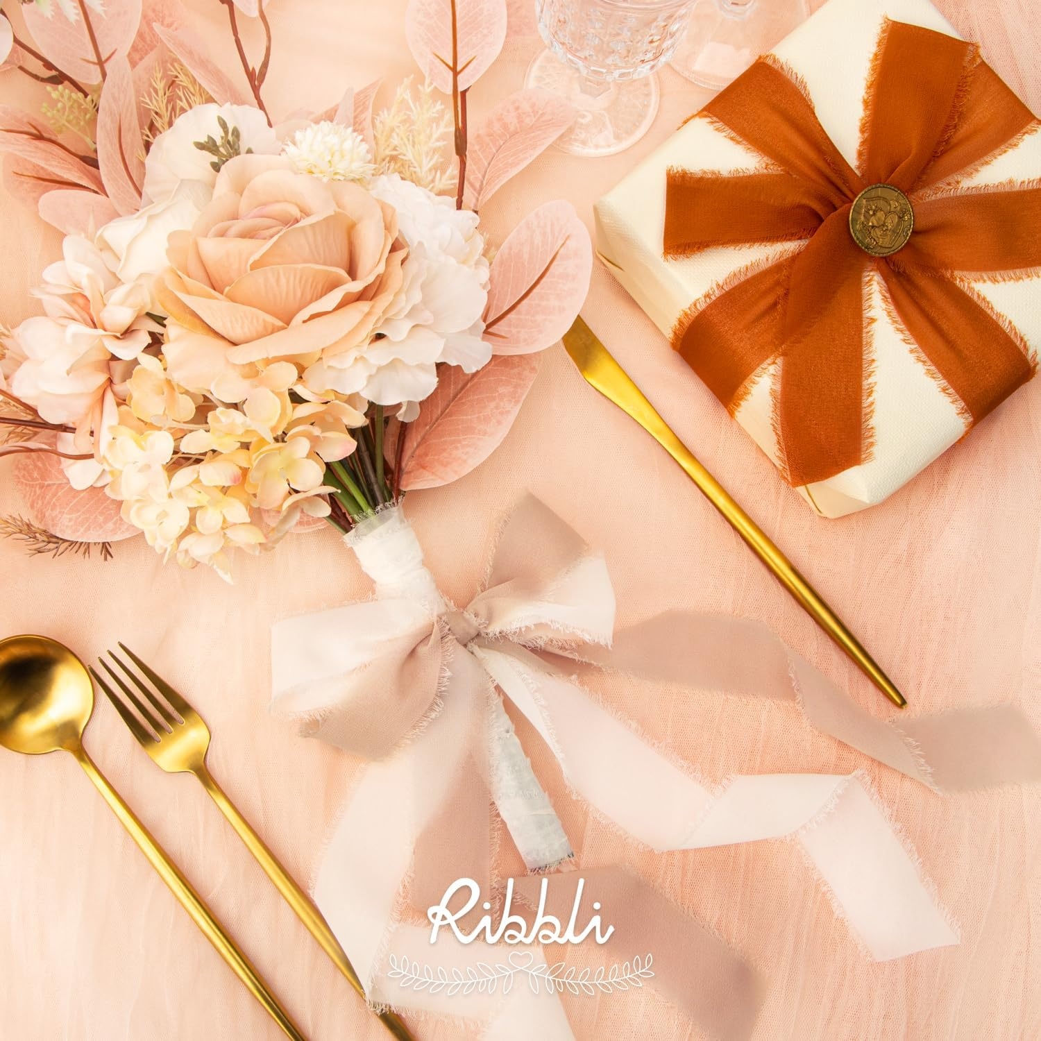 Ribbli Chiffon Silk Ribbon, 1.5 inch x 30 Yard, Champagne/Terracotta/Rust Red Fringe Chiffon Fall Ribbon for Wedding Invitations, Bridal Bouquets Wrapping, Flower Arrangement Decoration(Cream/Beige/Terracotta)