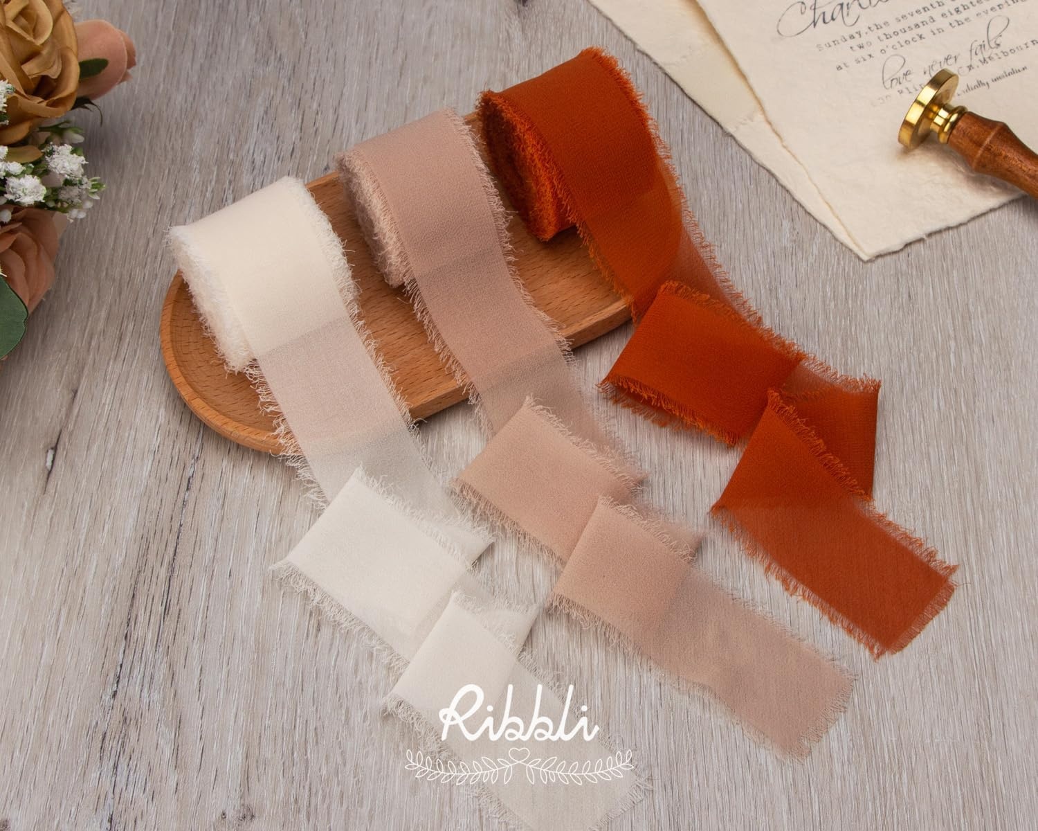 Ribbli Chiffon Silk Ribbon, 1.5 inch x 30 Yard, Champagne/Terracotta/Rust Red Fringe Chiffon Fall Ribbon for Wedding Invitations, Bridal Bouquets Wrapping, Flower Arrangement Decoration(Cream/Beige/Terracotta)
