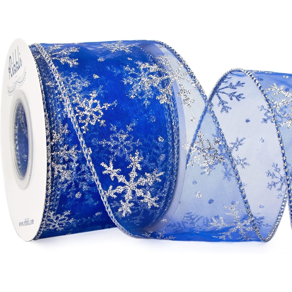 Ribbli Snowflake Glitter Wired Ribbon,Turquoise Blue Organza Sheer with Silver Glitter Snowflake Pattern and Silver Metallic Edge,2-1/2 Inch x 10 Yards Christmas Ribbon for Tree Decoration(Royal Blue/Silver)