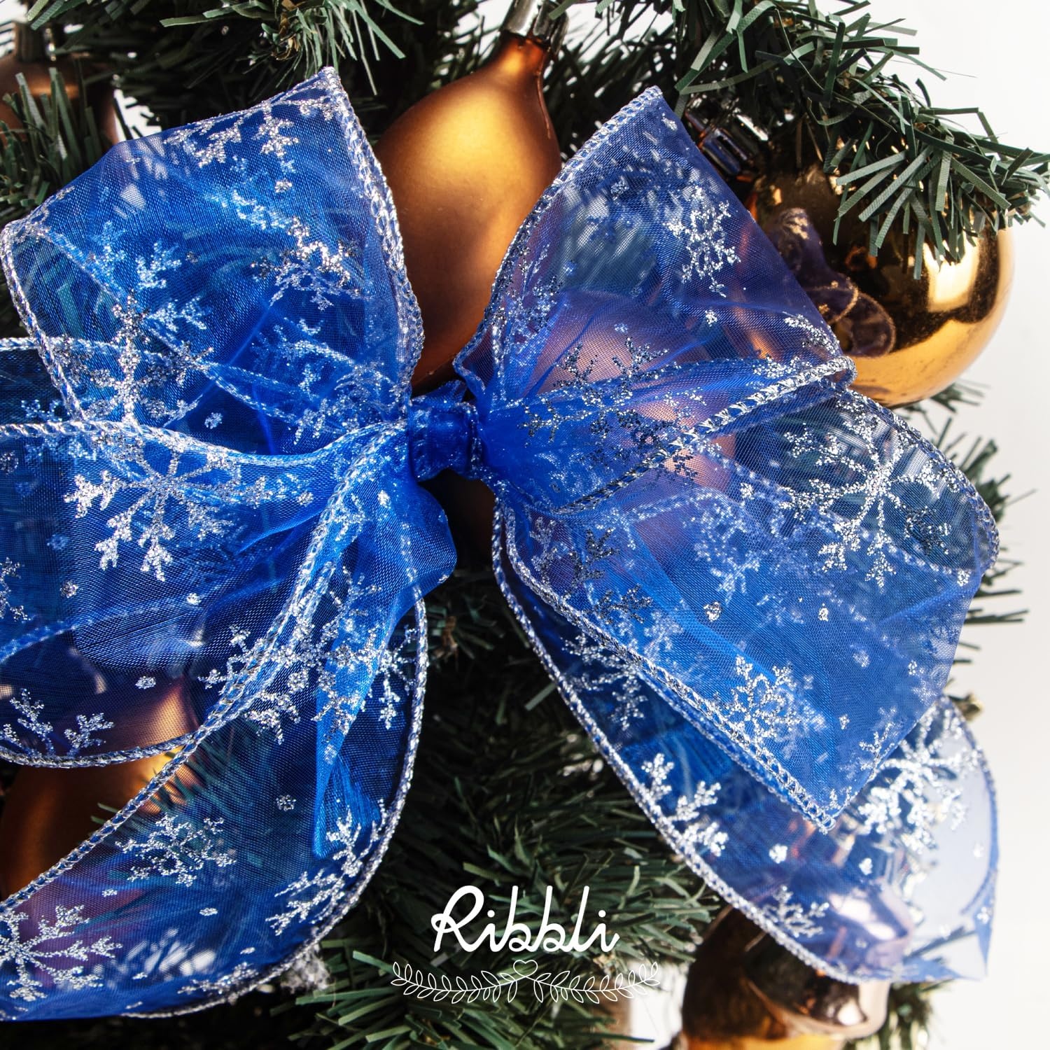 Ribbli Snowflake Glitter Wired Ribbon,Turquoise Blue Organza Sheer with Silver Glitter Snowflake Pattern and Silver Metallic Edge,2-1/2 Inch x 10 Yards Christmas Ribbon for Tree Decoration(Royal Blue/Silver)