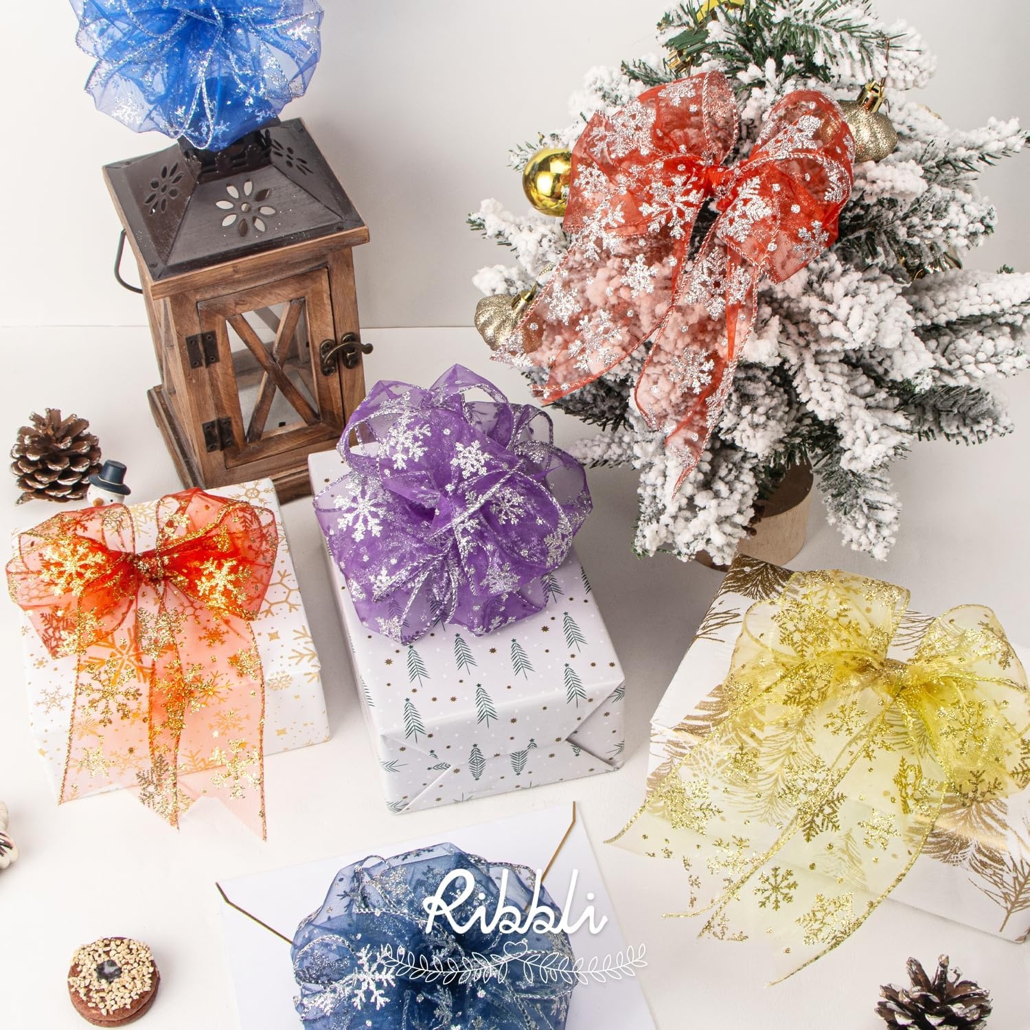 Ribbli Snowflake Glitter Wired Ribbon,Turquoise Blue Organza Sheer with Silver Glitter Snowflake Pattern and Silver Metallic Edge,2-1/2 Inch x 10 Yards Christmas Ribbon for Tree Decoration(Royal Blue/Silver)