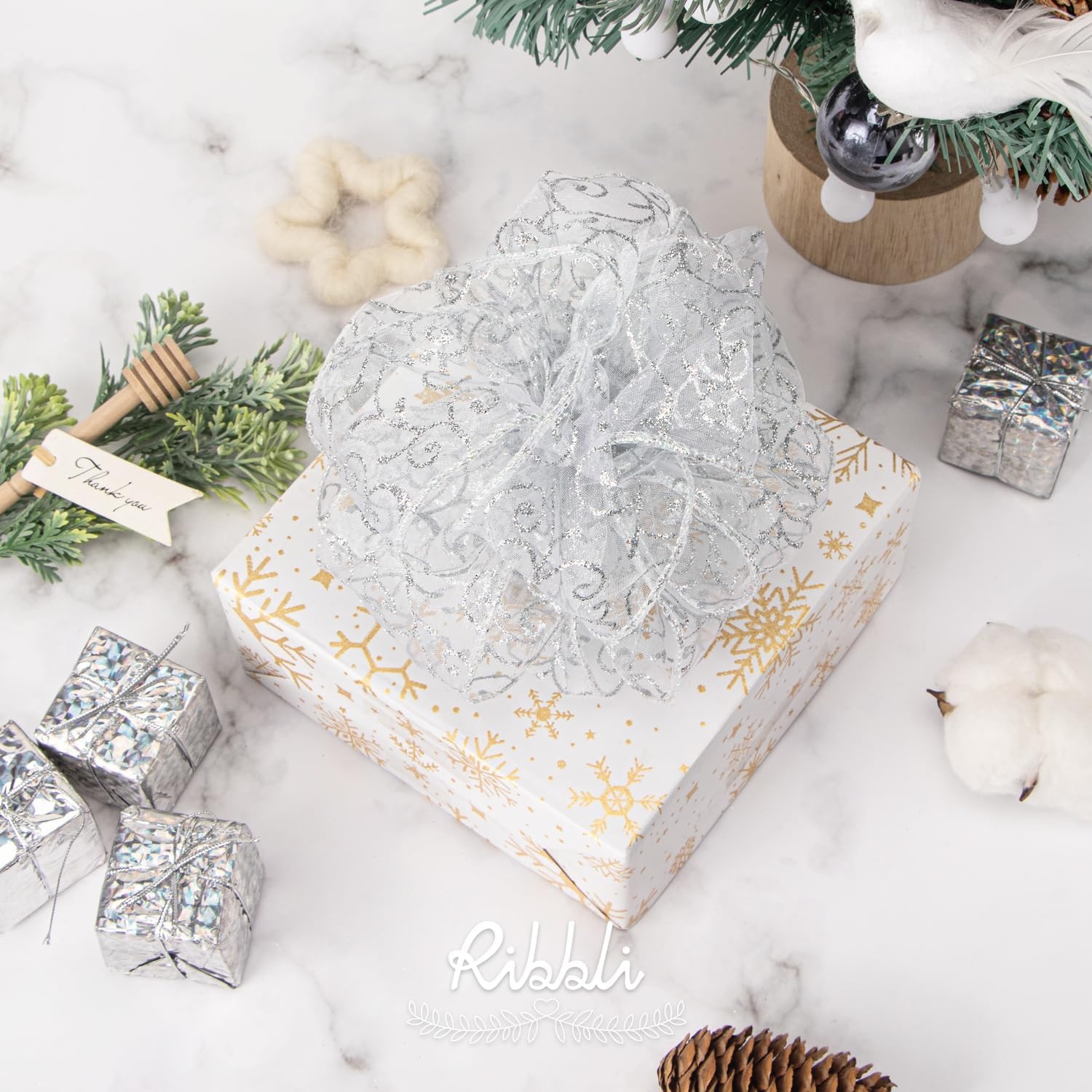 Ribbli Swirl Glitter Wired Ribbon, Red Organza Sheer with Gold Glitter Swirl Pattern and Gold Metallic Edge,2-1/2Inch x 10Yards Christmas Ribbon for Tree Decoration(White/Silver)