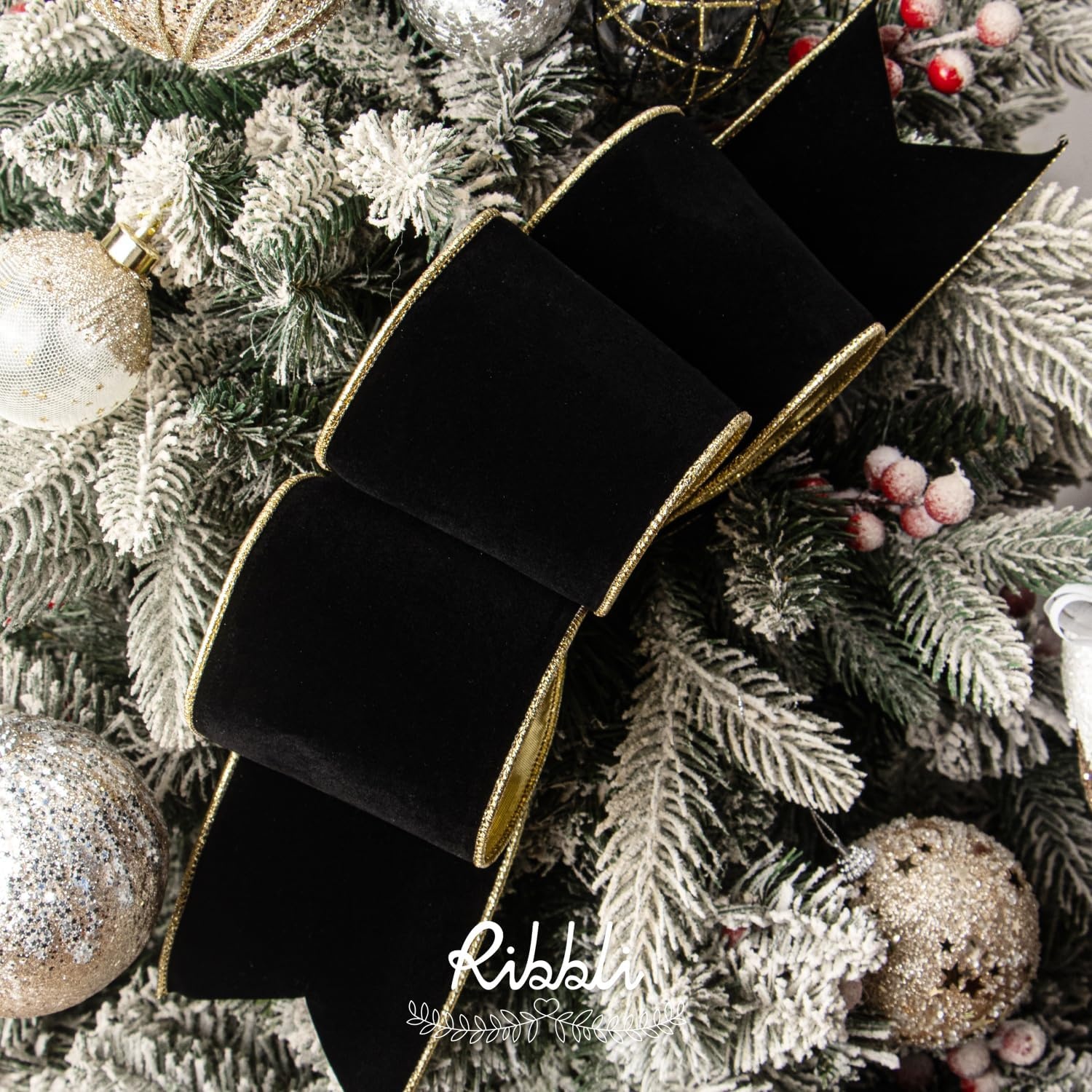 Ribbli Royal Blue Velvet Wired Ribbon 4 Inch Luxury Matte Velvet Christmas Ribbon for Gift Wrapping Christmas Tree Decoration Crafts Wreaths Supplies – 10 Yards(Black)
