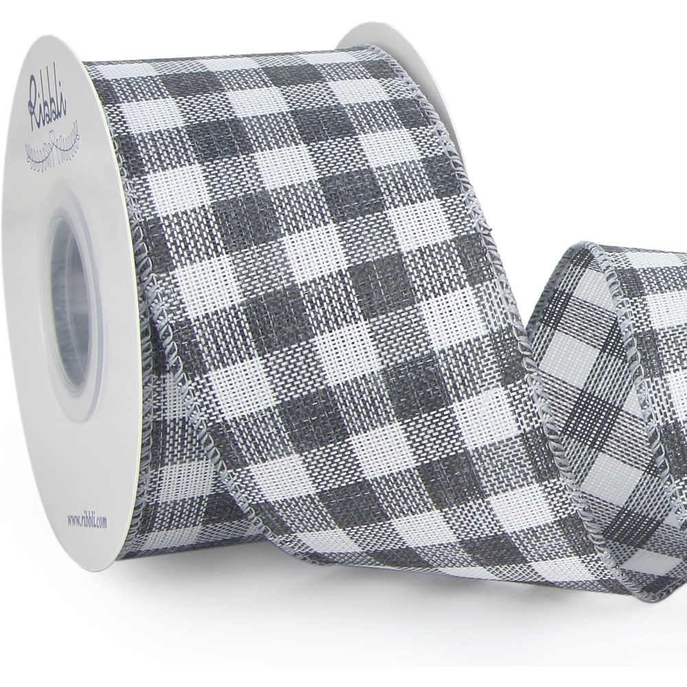 Ribbli Red and Black Wired Ribbon, 2-1/2 Inch x 10 Yard,Buffalo Plaid Burlap, Christmas Ribbon for Big Bow,Wreath,Tree Decoration,Outdoor Decoration(Grey/White)