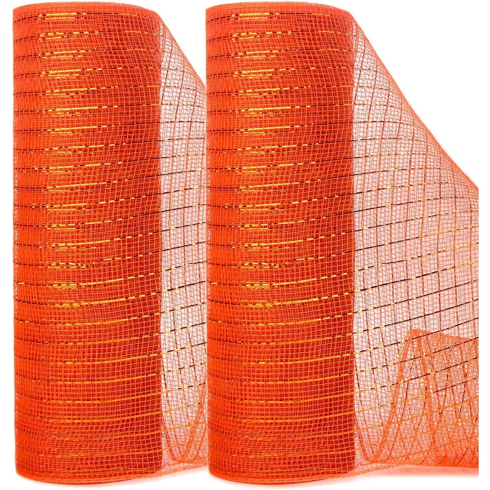 Ribbli 2 Rolls Champagne Gold Metallic Mesh Ribbon Champagne Gold Deluxe Foil Christmas Ribbon for Christmas Tree Wreath Swags Wedding Garland 10 inch x 30 feet(10Yard) Per Roll(Orange/Gold)
