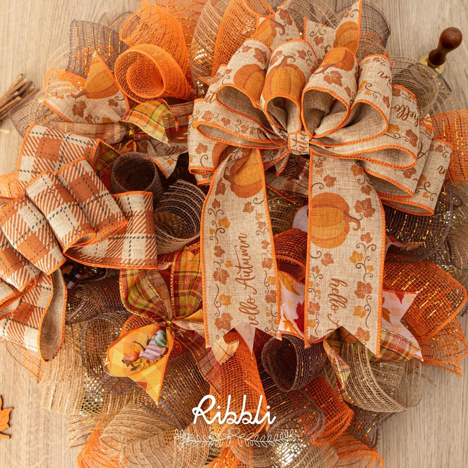 Ribbli 2 Rolls Champagne Gold Metallic Mesh Ribbon Champagne Gold Deluxe Foil Christmas Ribbon for Christmas Tree Wreath Swags Wedding Garland 10 inch x 30 feet(10Yard) Per Roll(Orange/Gold)