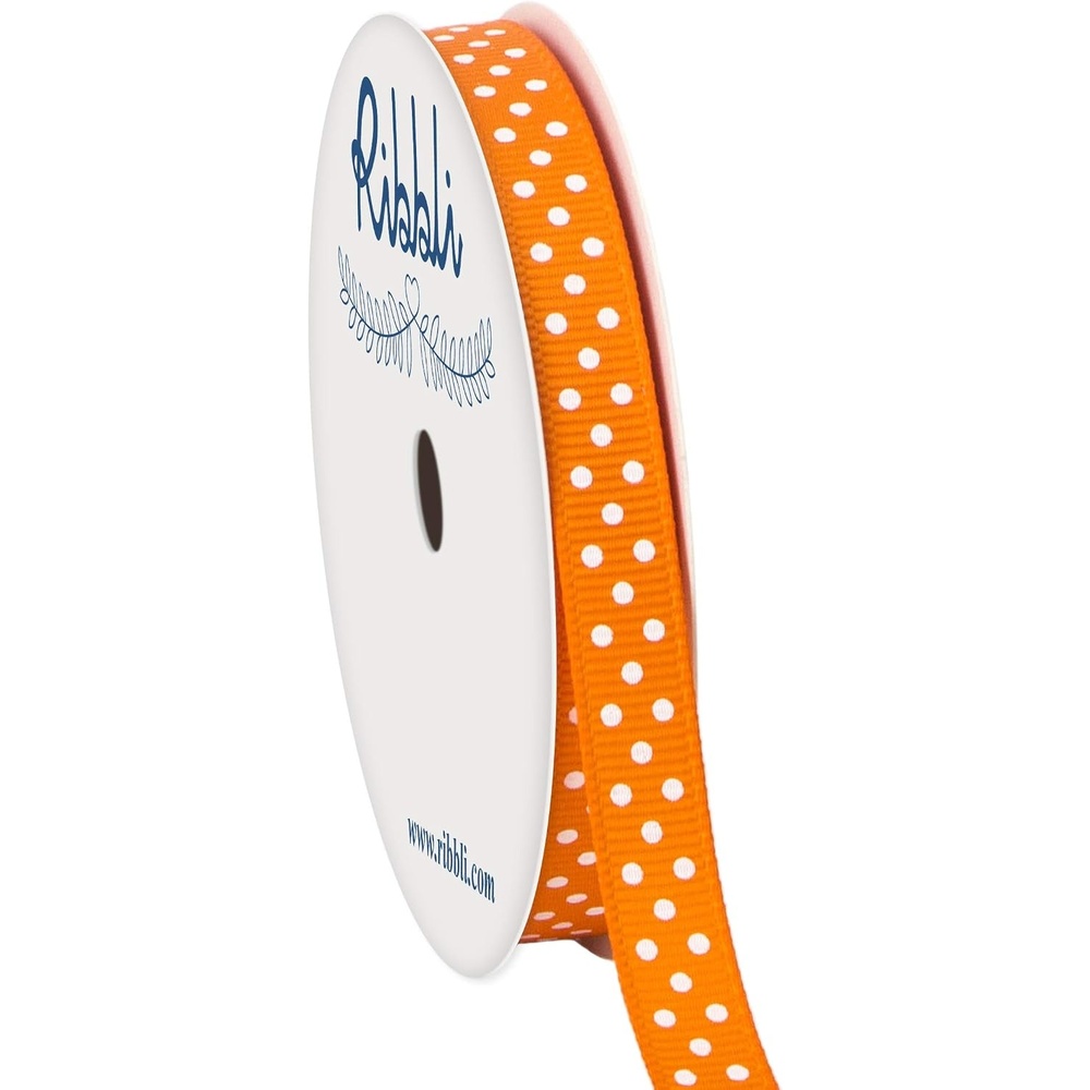 Ribbli Grosgrain Polka Dot Craft Ribbon,3/8 Inch,10-Yard Spool,Black with White Dots,Use for Gift Wrapping,Party Decoration,All Crafting and Sewing(Tangerine/White)