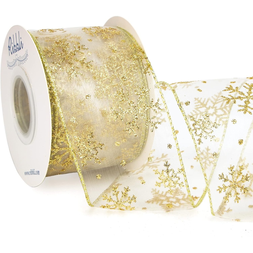 Ribbli Snowflake Glitter Wired Ribbon,Turquoise Blue Organza Sheer with Silver Glitter Snowflake Pattern and Silver Metallic Edge,2-1/2 Inch x 10 Yards Christmas Ribbon for Tree Decoration(Ivory/Gold)