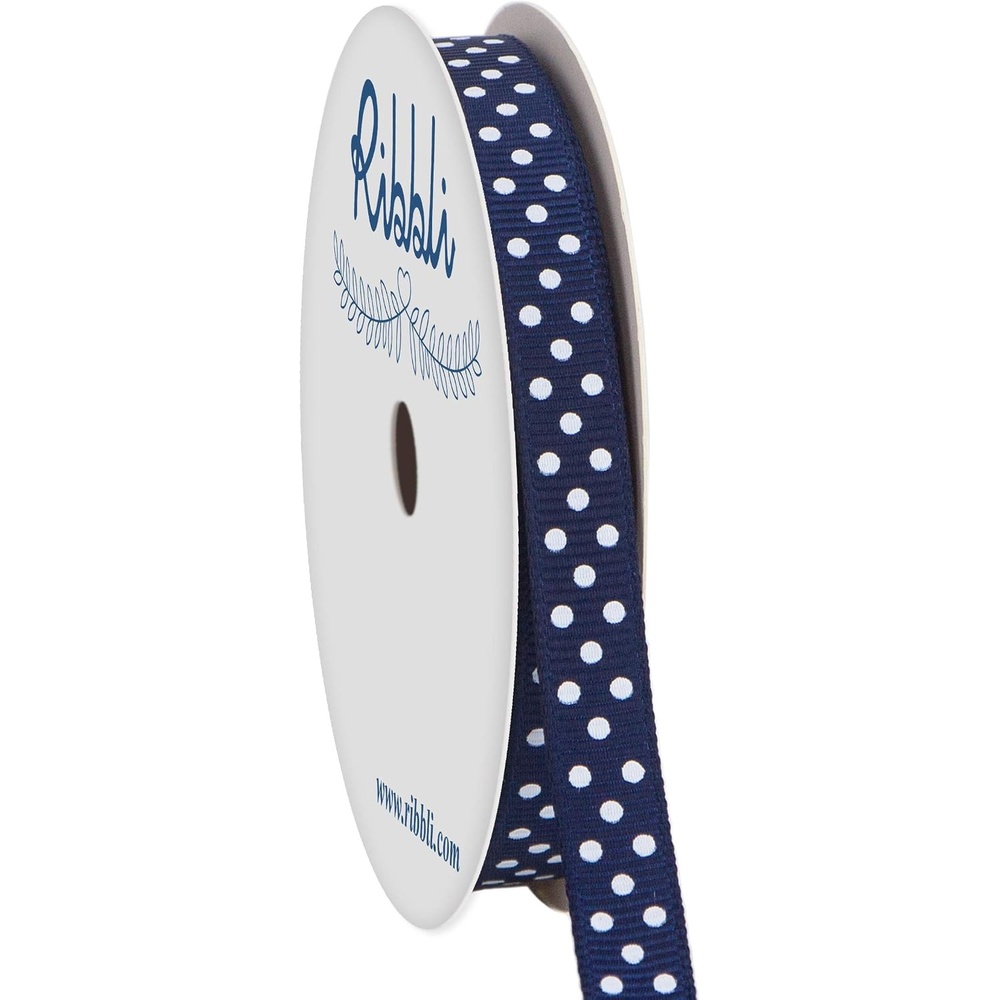 Ribbli Grosgrain Polka Dot Craft Ribbon,3/8 Inch,10-Yard Spool,Black with White Dots,Use for Gift Wrapping,Party Decoration,All Crafting and Sewing(Navy/White)