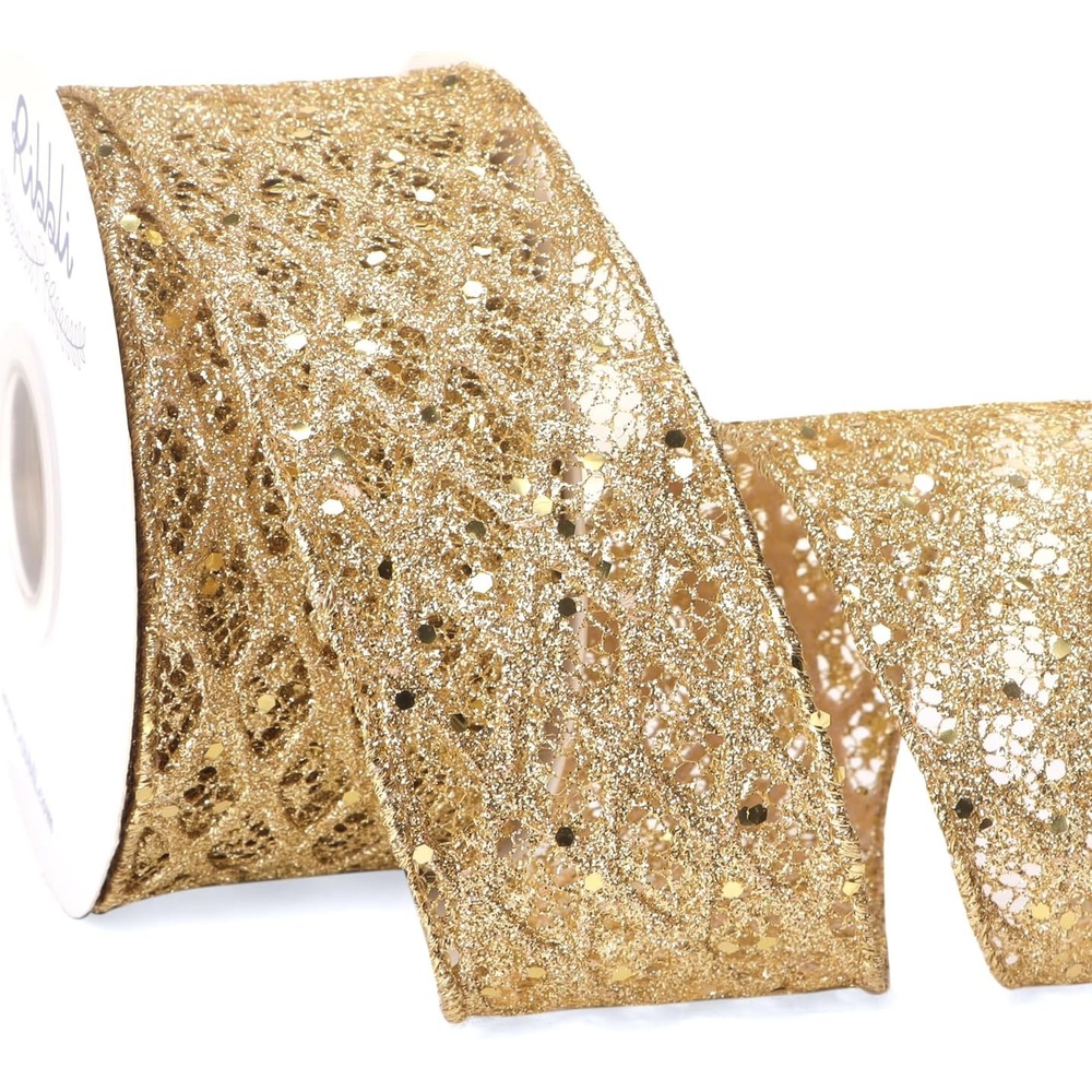 Ribbli White Glitter Wired Ribbon for Christmas Tree Diamond Sparkling 4 Inch x 10 Yard Christmas Wired Ribbon for Crafts Wreath Garland Supplies(Gold)