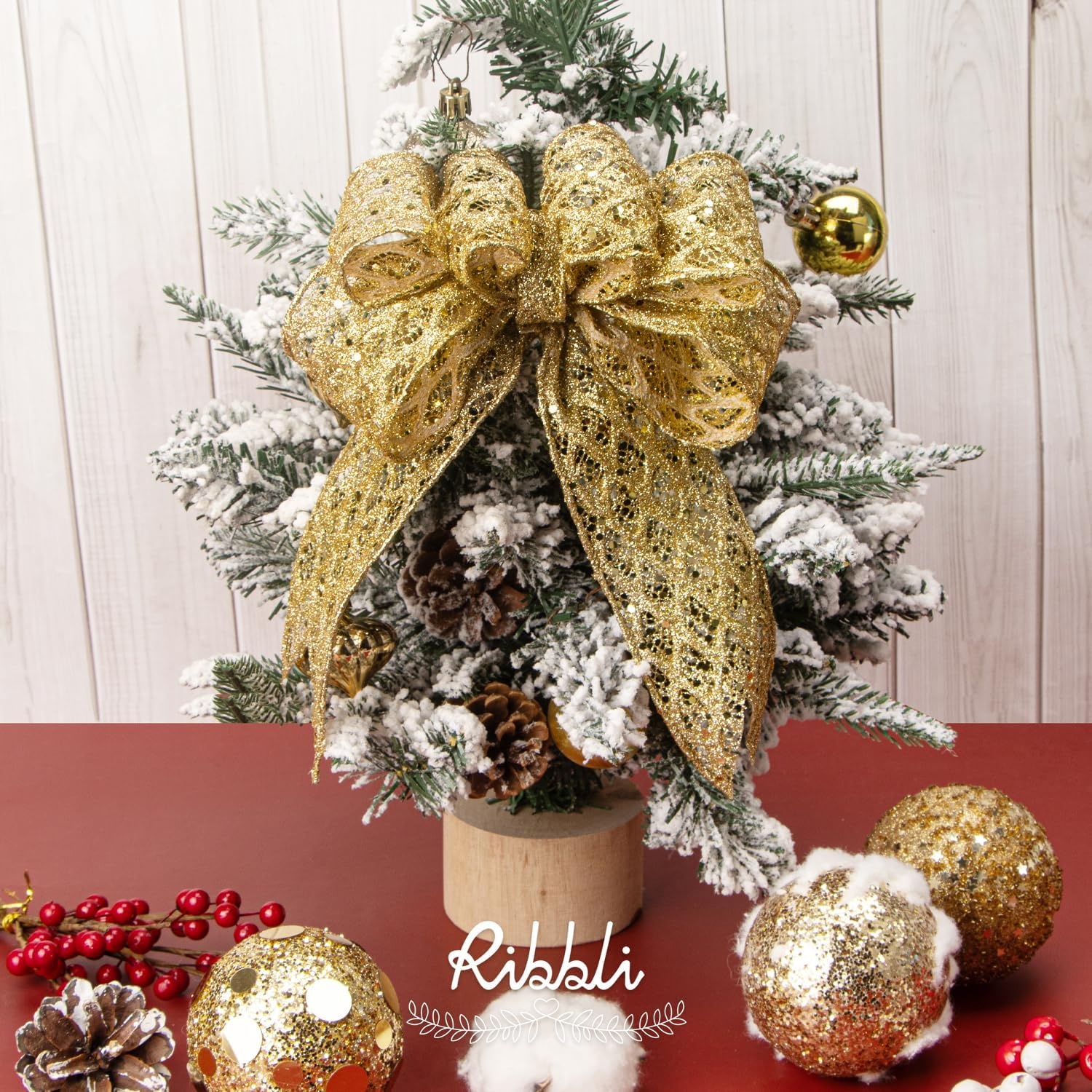 Ribbli White Glitter Wired Ribbon for Christmas Tree Diamond Sparkling 4 Inch x 10 Yard Christmas Wired Ribbon for Crafts Wreath Garland Supplies(Gold)