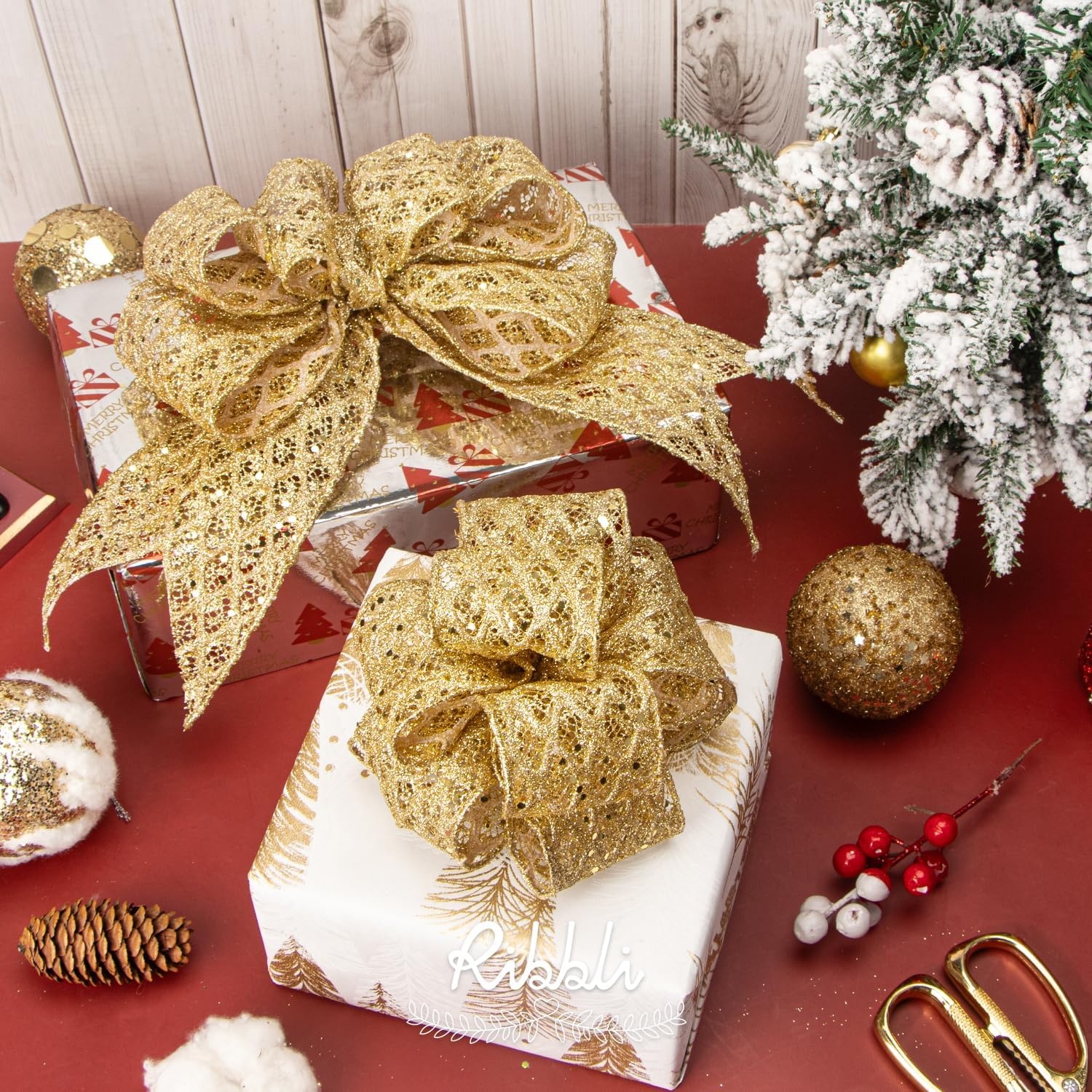Ribbli White Glitter Wired Ribbon for Christmas Tree Diamond Sparkling 4 Inch x 10 Yard Christmas Wired Ribbon for Crafts Wreath Garland Supplies(Gold)