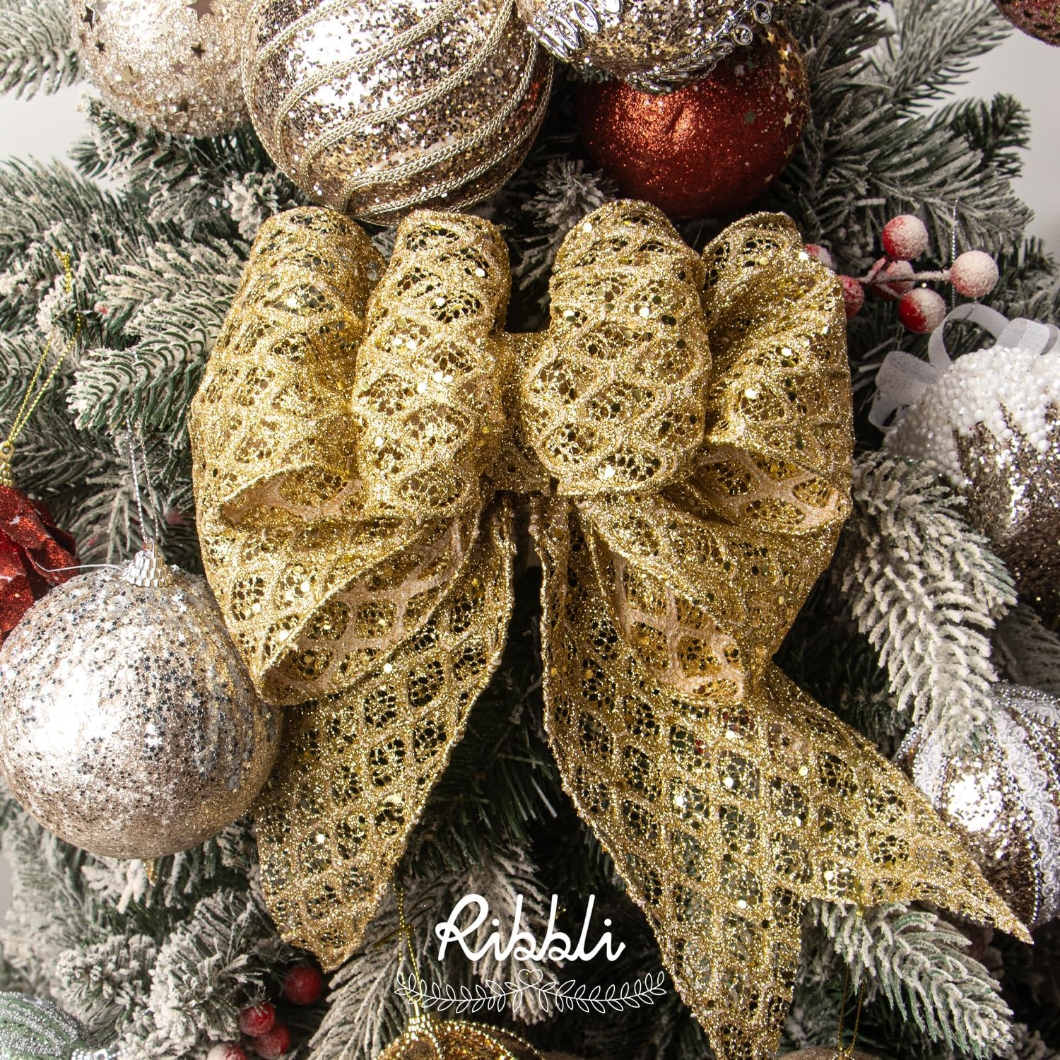 Ribbli White Glitter Wired Ribbon for Christmas Tree Diamond Sparkling 4 Inch x 10 Yard Christmas Wired Ribbon for Crafts Wreath Garland Supplies(Gold)