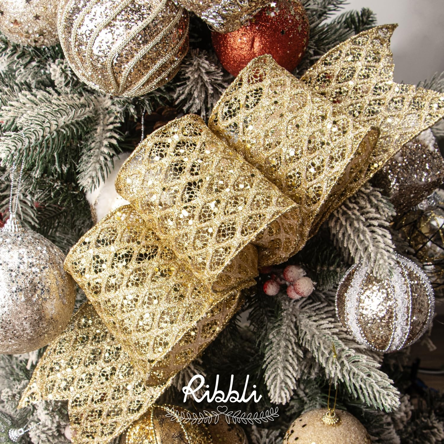Ribbli White Glitter Wired Ribbon for Christmas Tree Diamond Sparkling 4 Inch x 10 Yard Christmas Wired Ribbon for Crafts Wreath Garland Supplies(Gold)