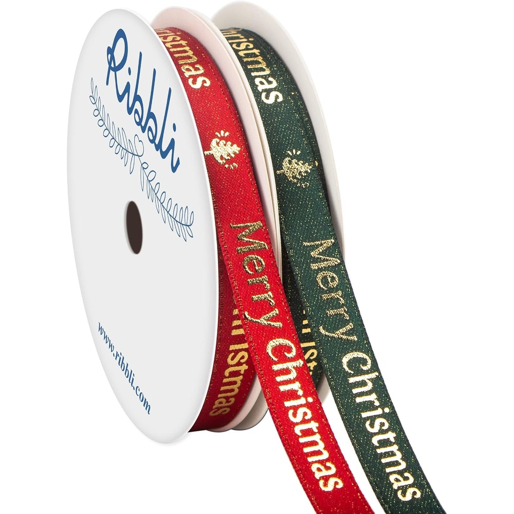 Ribbli 2 Rolls Christmas Ribbon,Red and Green Satin Ribbon with Gold Pattern,Use for Christmas Craft,Gift Wrapping,Home Decor,3/8 Inches Total 20 Yards,Red/Green/Gold(Red/Green)