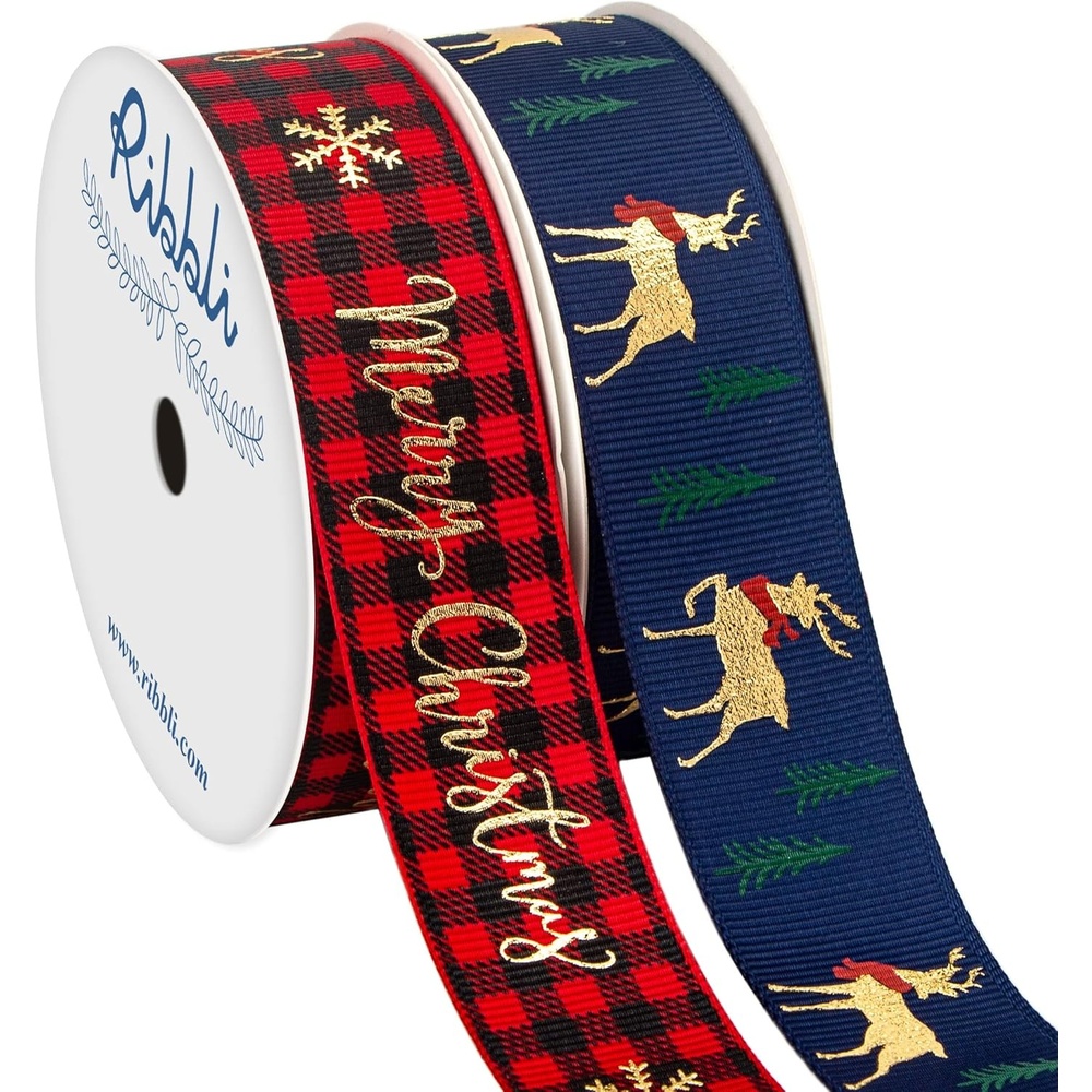 Ribbli Grosgrain 2 Rolls Christmas Ribbon,Red Black Plaid & Gold ELK Ribbon,Use for Christmas Craft,Gift Wrapping,Home Decor,1 Inches Total 20 Yards,Red/Black/Navy/Gold