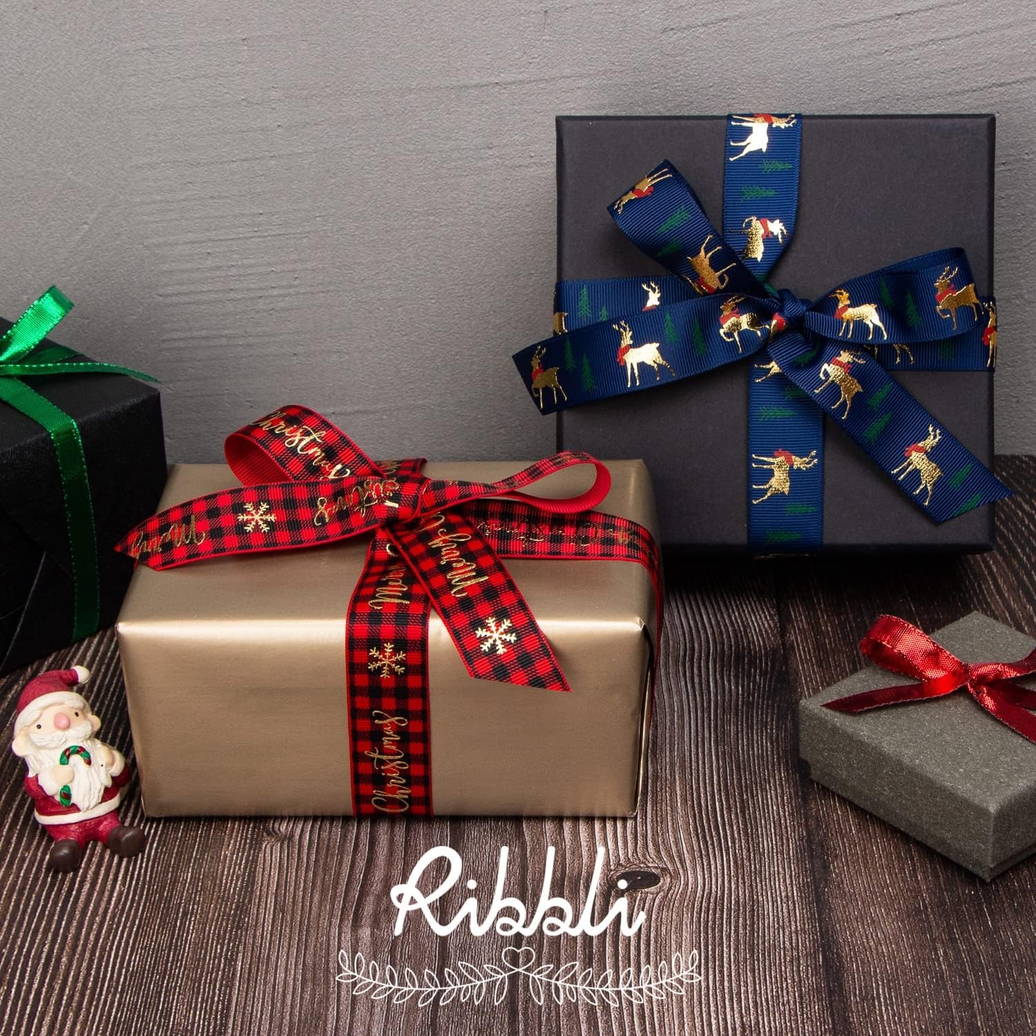 Ribbli Grosgrain 2 Rolls Christmas Ribbon,Red Black Plaid & Gold ELK Ribbon,Use for Christmas Craft,Gift Wrapping,Home Decor,1 Inches Total 20 Yards,Red/Black/Navy/Gold