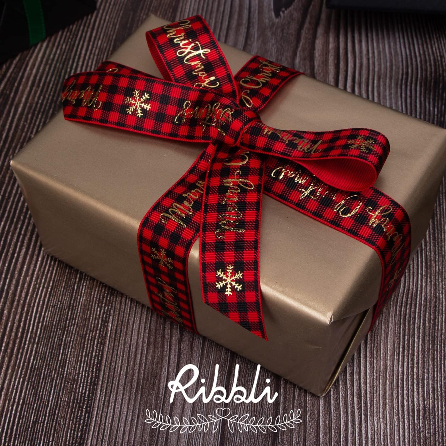 Ribbli Grosgrain 2 Rolls Christmas Ribbon,Red Black Plaid & Gold ELK Ribbon,Use for Christmas Craft,Gift Wrapping,Home Decor,1 Inches Total 20 Yards,Red/Black/Navy/Gold