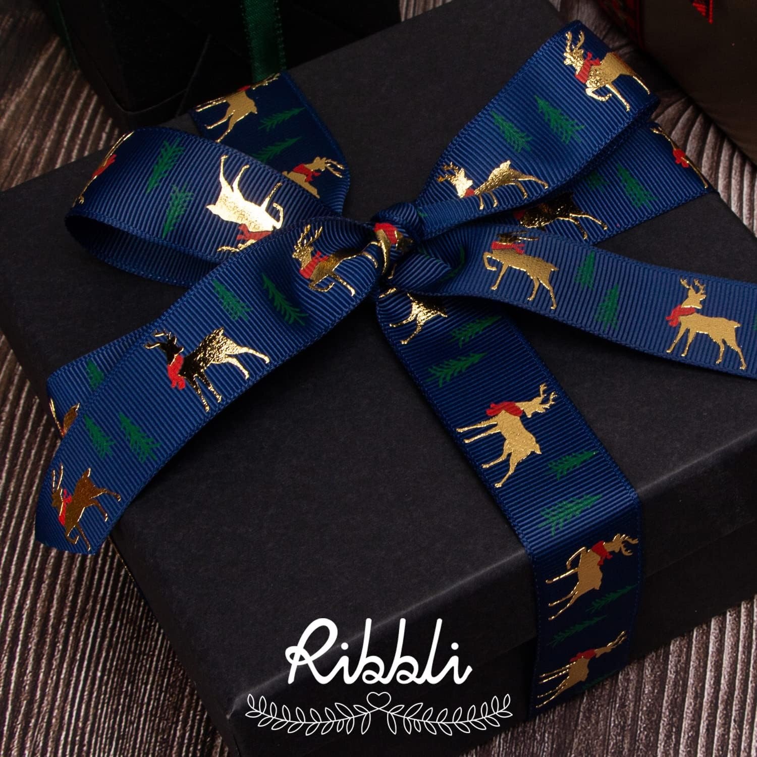 Ribbli Grosgrain 2 Rolls Christmas Ribbon,Red Black Plaid & Gold ELK Ribbon,Use for Christmas Craft,Gift Wrapping,Home Decor,1 Inches Total 20 Yards,Red/Black/Navy/Gold