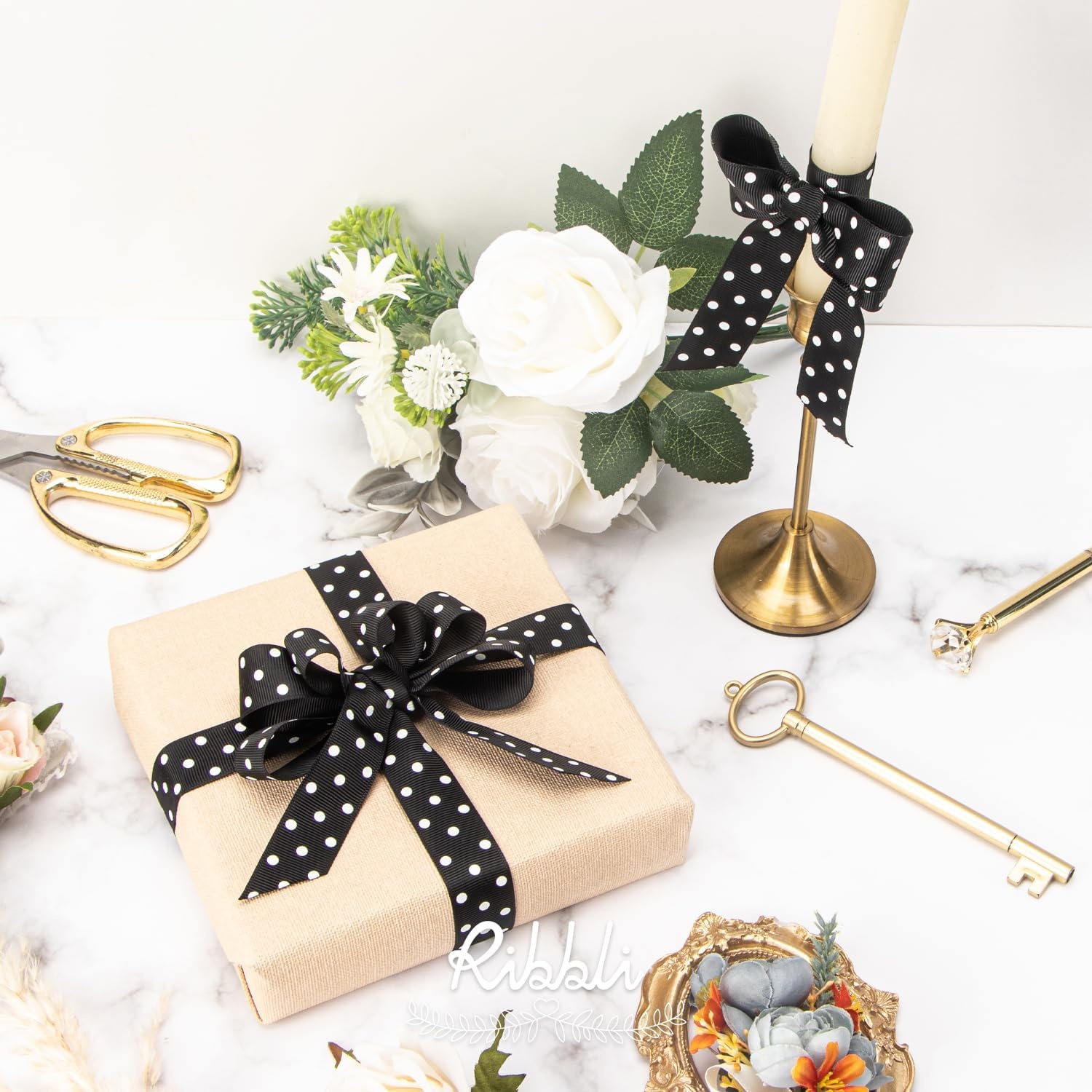 Ribbli Grosgrain Polka Dot Craft Ribbon,7/8 Inch,10-Yard Spool,Black with White Dots,Use for Hair Bows,Gift Wrapping,All Crafting and Sewing(Black/White)