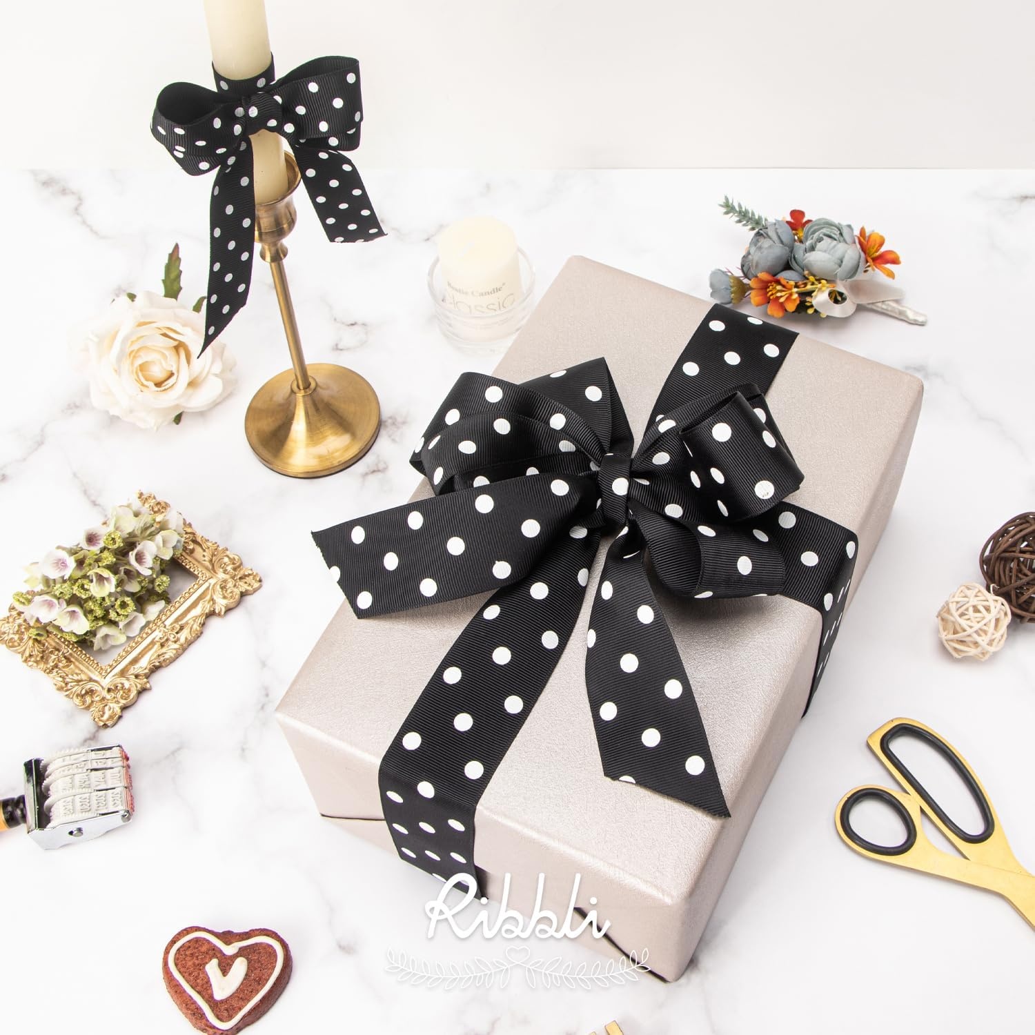 Ribbli Grosgrain Polka Dot Craft Ribbon,7/8 Inch,10-Yard Spool,Black with White Dots,Use for Hair Bows,Gift Wrapping,All Crafting and Sewing(Black/White)