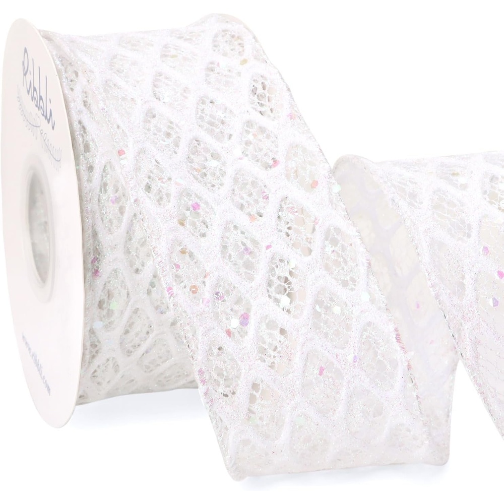 Ribbli White Glitter Wired Ribbon for Christmas Tree Diamond Sparkling 4 Inch x 10 Yard Christmas Wired Ribbon for Crafts Wreath Garland Supplies(White)