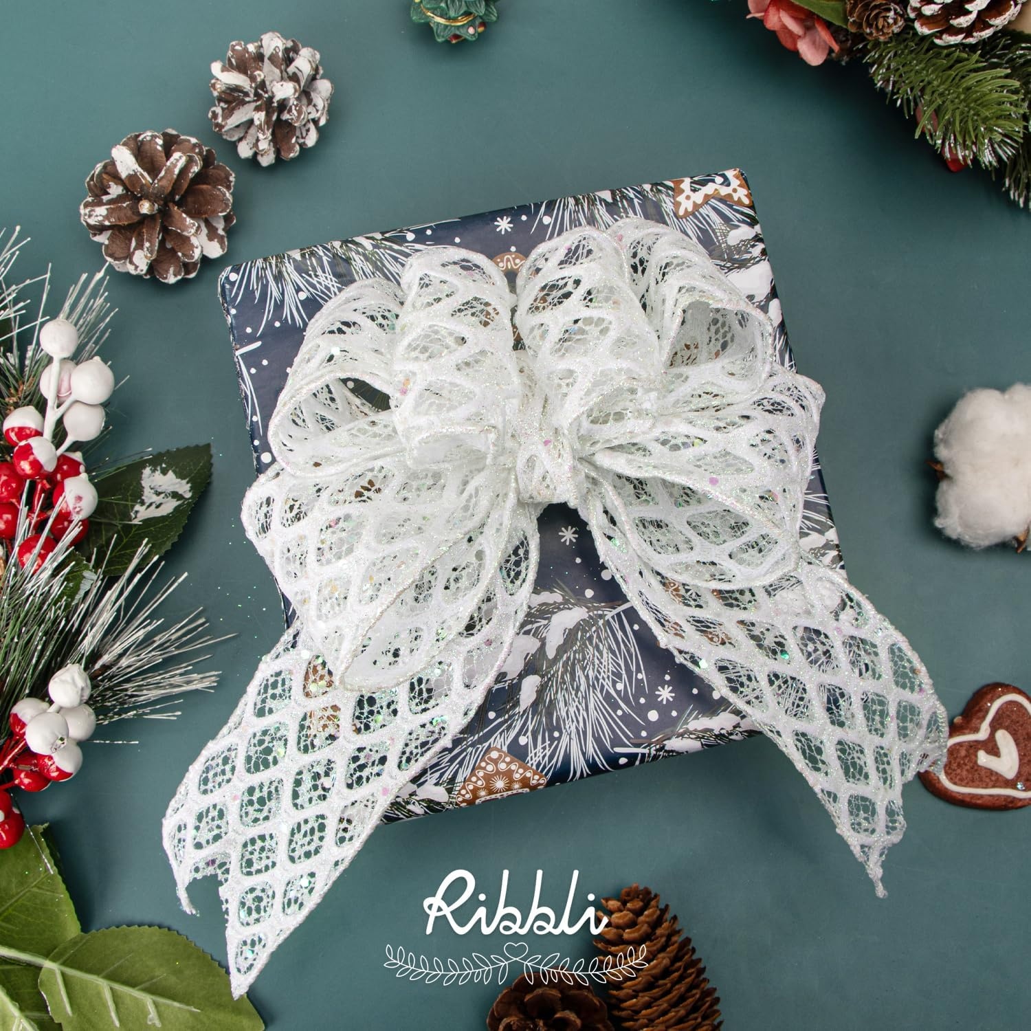 Ribbli White Glitter Wired Ribbon for Christmas Tree Diamond Sparkling 4 Inch x 10 Yard Christmas Wired Ribbon for Crafts Wreath Garland Supplies(White)