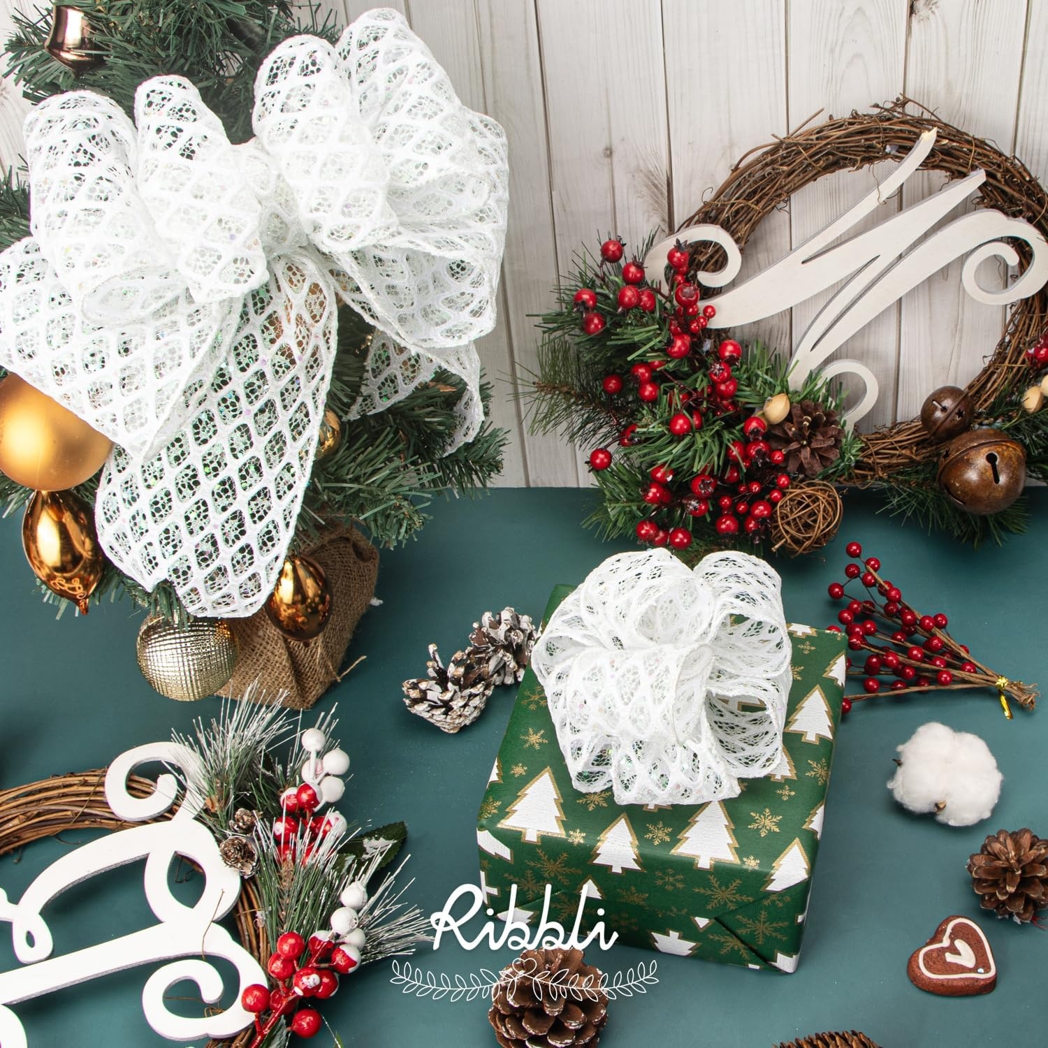 Ribbli White Glitter Wired Ribbon for Christmas Tree Diamond Sparkling 4 Inch x 10 Yard Christmas Wired Ribbon for Crafts Wreath Garland Supplies(White)