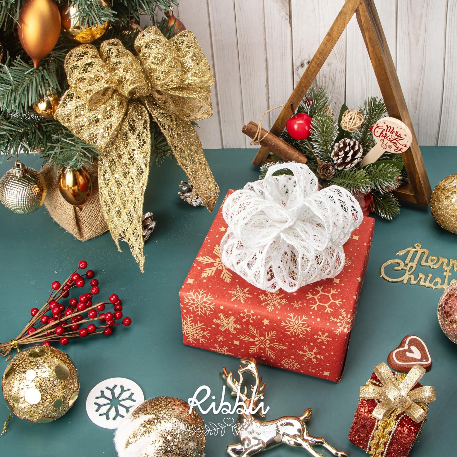 Ribbli White Glitter Wired Ribbon for Christmas Tree Diamond Sparkling 4 Inch x 10 Yard Christmas Wired Ribbon for Crafts Wreath Garland Supplies(White)