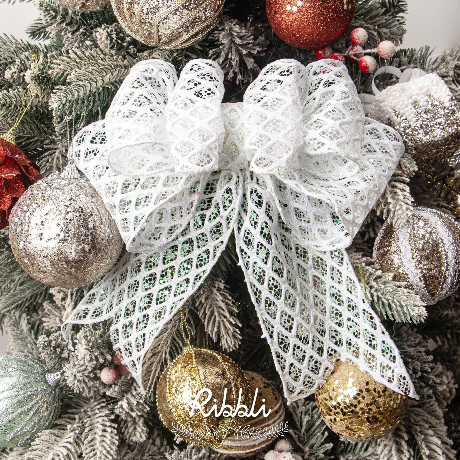 Ribbli White Glitter Wired Ribbon for Christmas Tree Diamond Sparkling 4 Inch x 10 Yard Christmas Wired Ribbon for Crafts Wreath Garland Supplies(White)
