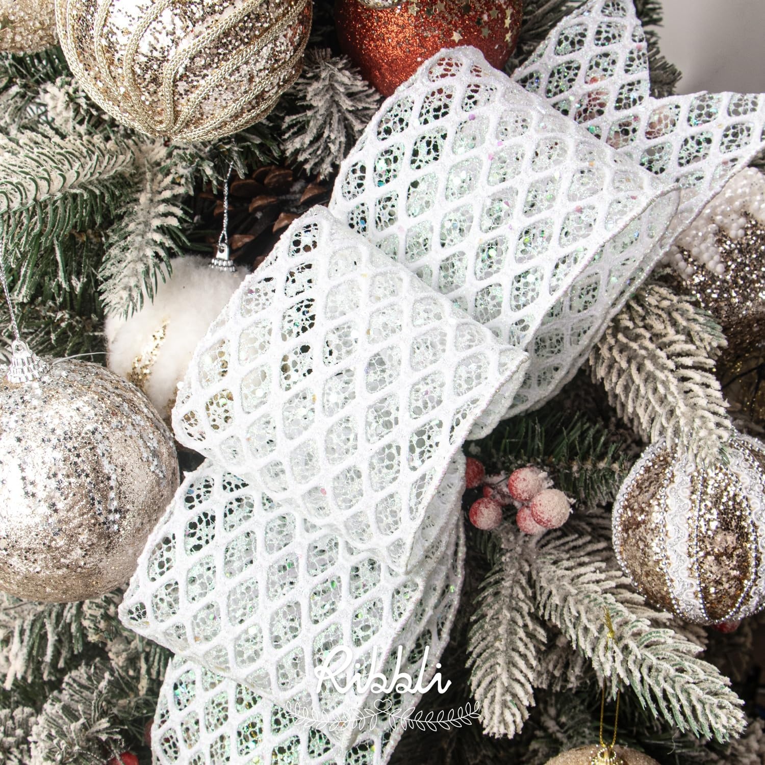Ribbli White Glitter Wired Ribbon for Christmas Tree Diamond Sparkling 4 Inch x 10 Yard Christmas Wired Ribbon for Crafts Wreath Garland Supplies(White)
