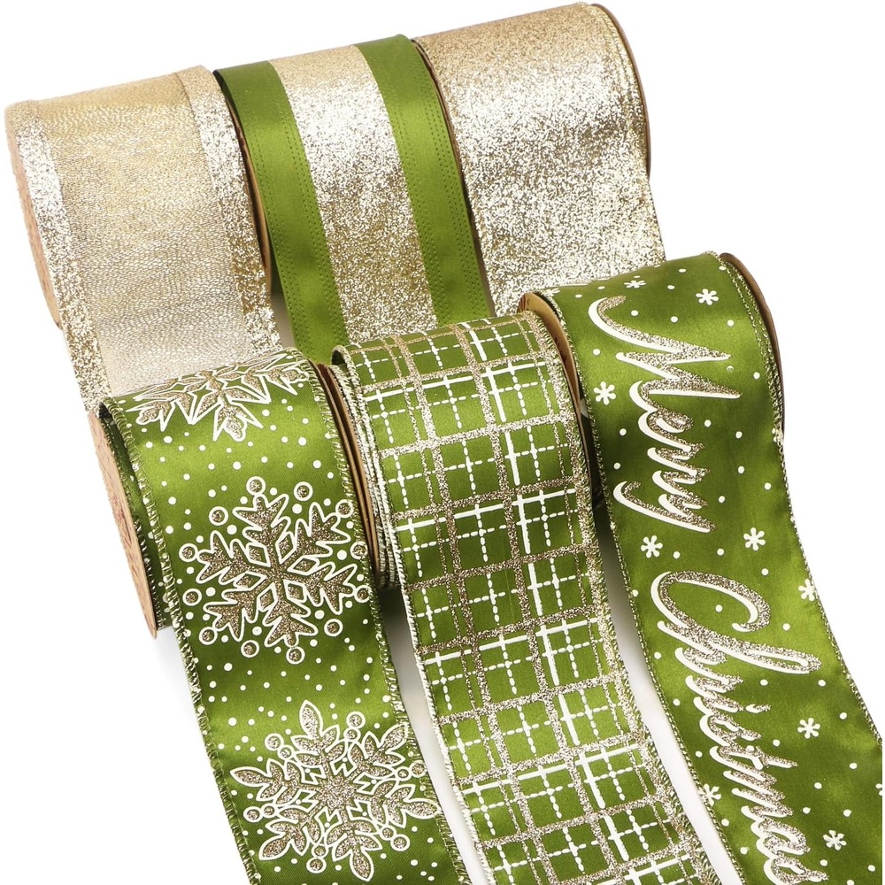Ribbli Christmas Ribbon Wired Black Champagne Christmas Tree Ribbon Snowflake Glitter Wired Ribbons for Tree Topper Bow Crafts Gift Wrapping Wreaths Garland Home Decor -2.5 Inchx6 Rolls Total 36Yard(Moss/Champagne)