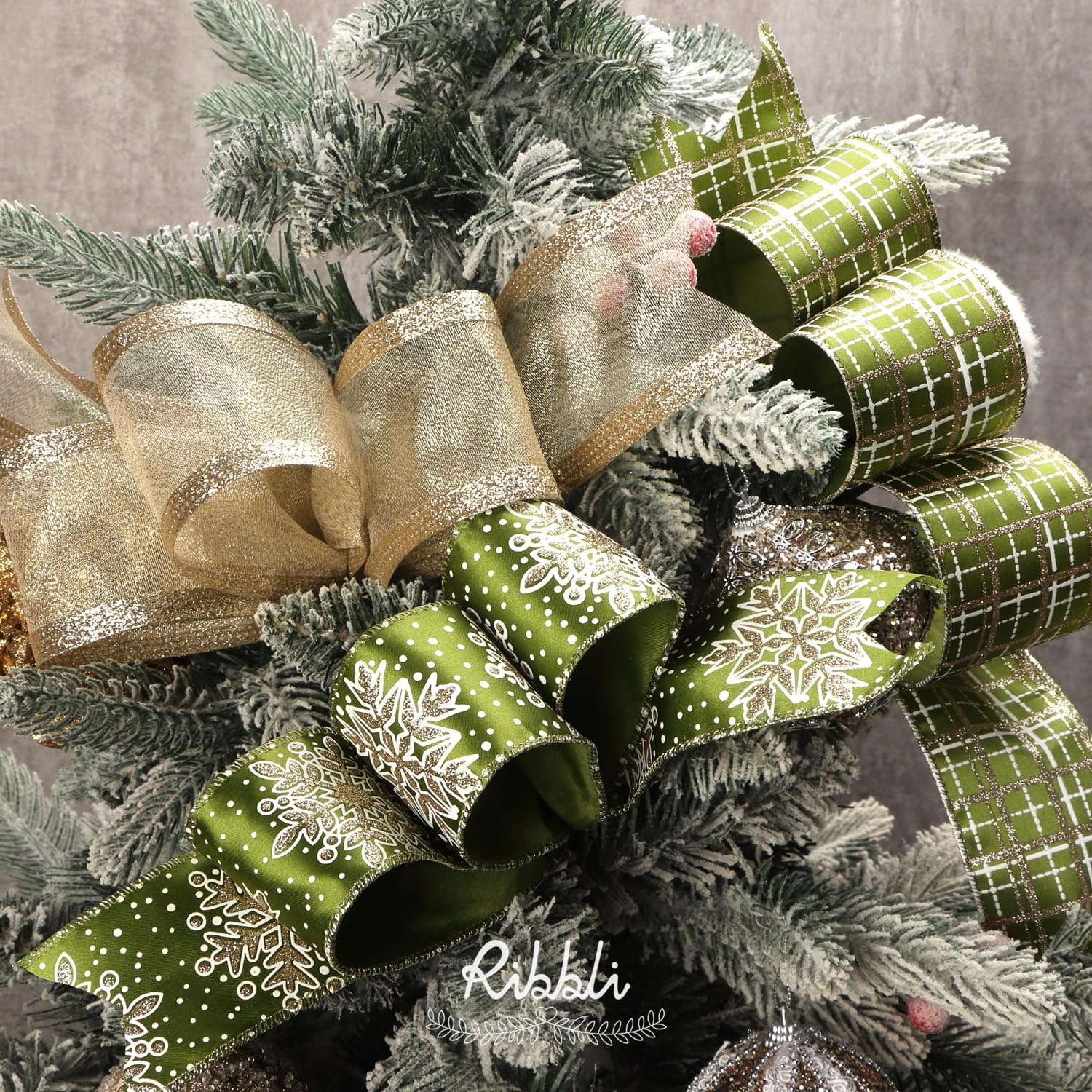 Ribbli Christmas Ribbon Wired Black Champagne Christmas Tree Ribbon Snowflake Glitter Wired Ribbons for Tree Topper Bow Crafts Gift Wrapping Wreaths Garland Home Decor -2.5 Inchx6 Rolls Total 36Yard(Moss/Champagne)