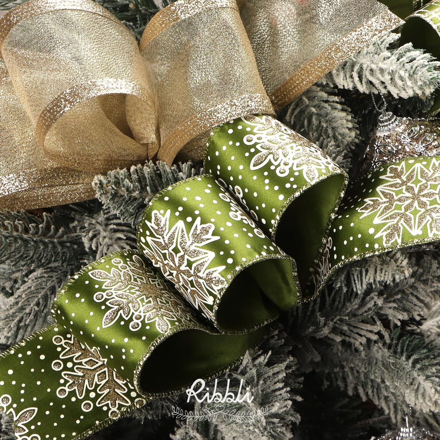 Ribbli Christmas Ribbon Wired Black Champagne Christmas Tree Ribbon Snowflake Glitter Wired Ribbons for Tree Topper Bow Crafts Gift Wrapping Wreaths Garland Home Decor -2.5 Inchx6 Rolls Total 36Yard(Moss/Champagne)