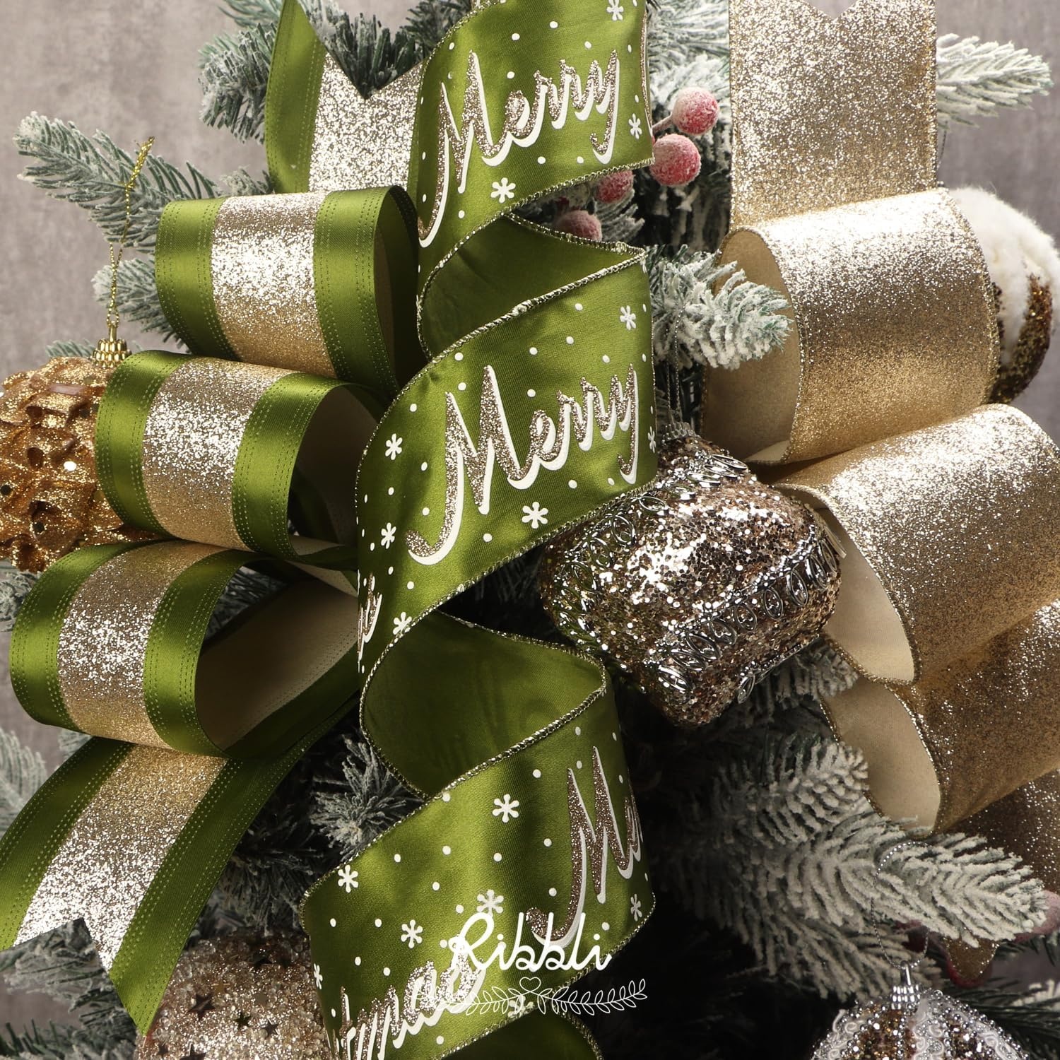 Ribbli Christmas Ribbon Wired Black Champagne Christmas Tree Ribbon Snowflake Glitter Wired Ribbons for Tree Topper Bow Crafts Gift Wrapping Wreaths Garland Home Decor -2.5 Inchx6 Rolls Total 36Yard(Moss/Champagne)