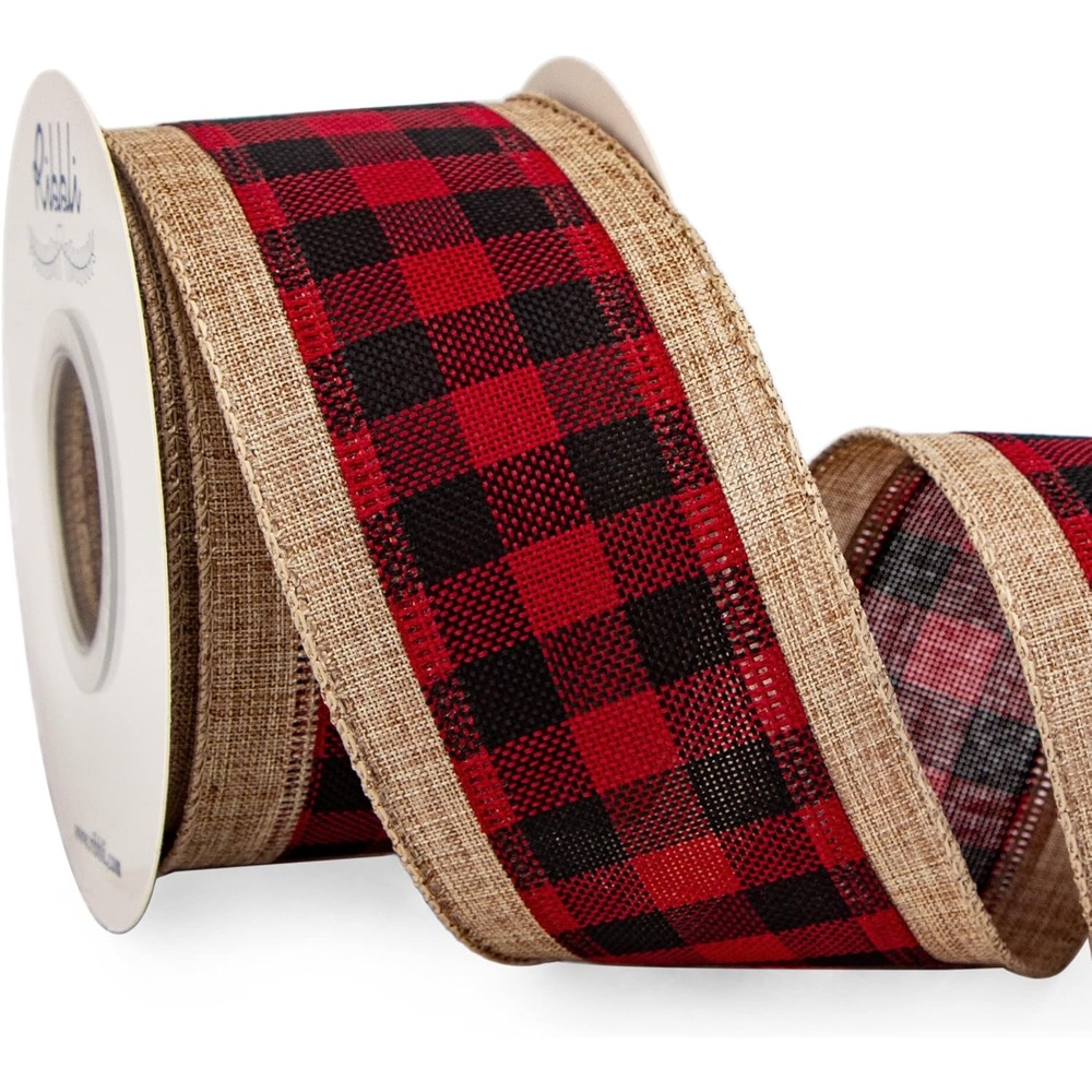 Ribbli Christmas Burlap Wired Ribbon, Buffalo Plaid with Burlap 2-1/2 Inch x Continuous 10 Yard, Christmas Ribbon for Tree, Gift Wrapping, Big Bow, Wreath-Black/White/Natural(Red/Black)