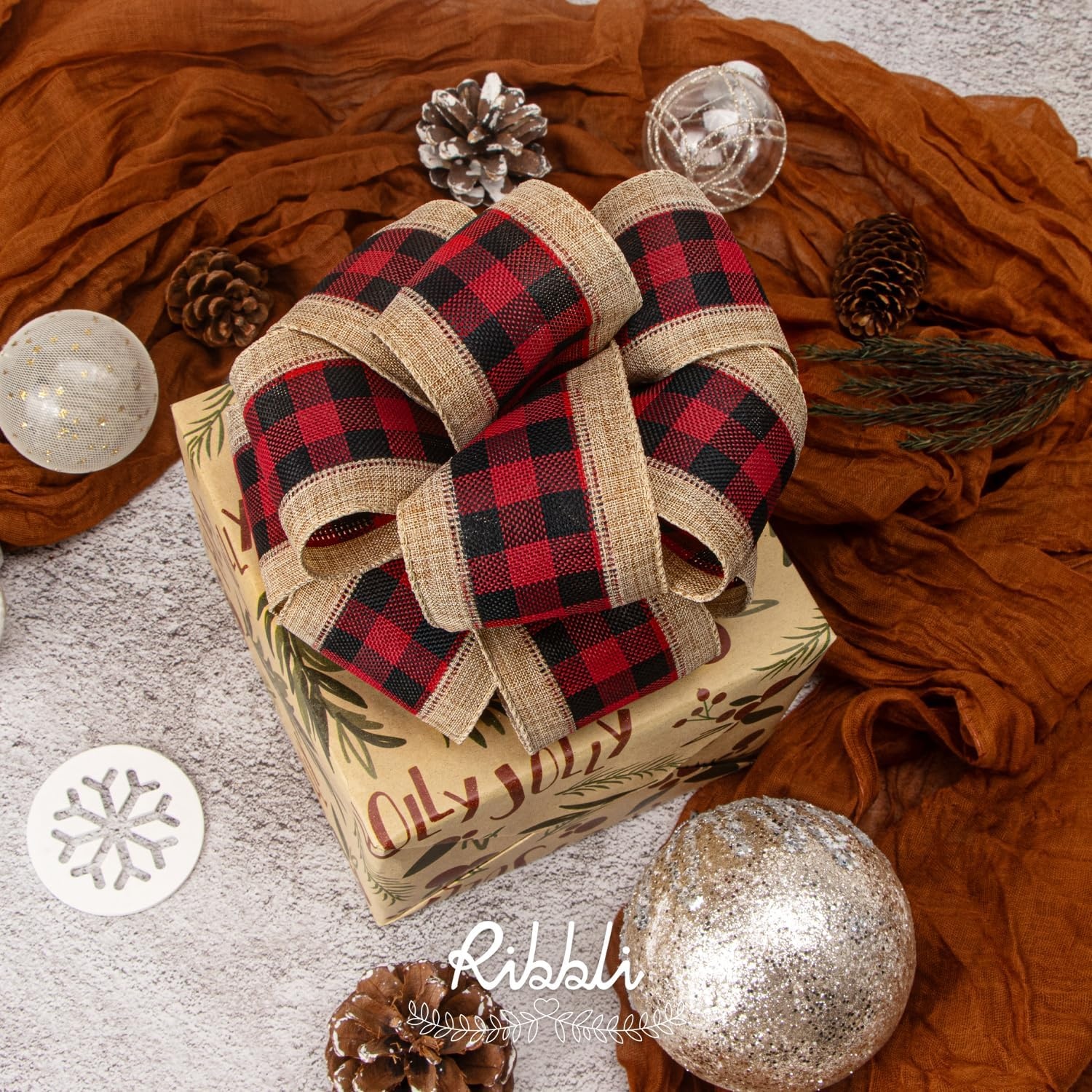 Ribbli Christmas Burlap Wired Ribbon, Buffalo Plaid with Burlap 2-1/2 Inch x Continuous 10 Yard, Christmas Ribbon for Tree, Gift Wrapping, Big Bow, Wreath-Black/White/Natural(Red/Black)