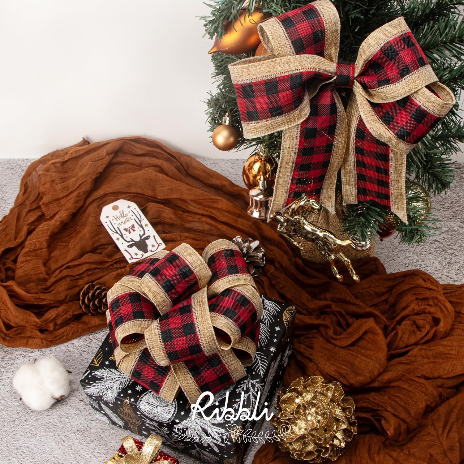 Ribbli Christmas Burlap Wired Ribbon, Buffalo Plaid with Burlap 2-1/2 Inch x Continuous 10 Yard, Christmas Ribbon for Tree, Gift Wrapping, Big Bow, Wreath-Black/White/Natural(Red/Black)