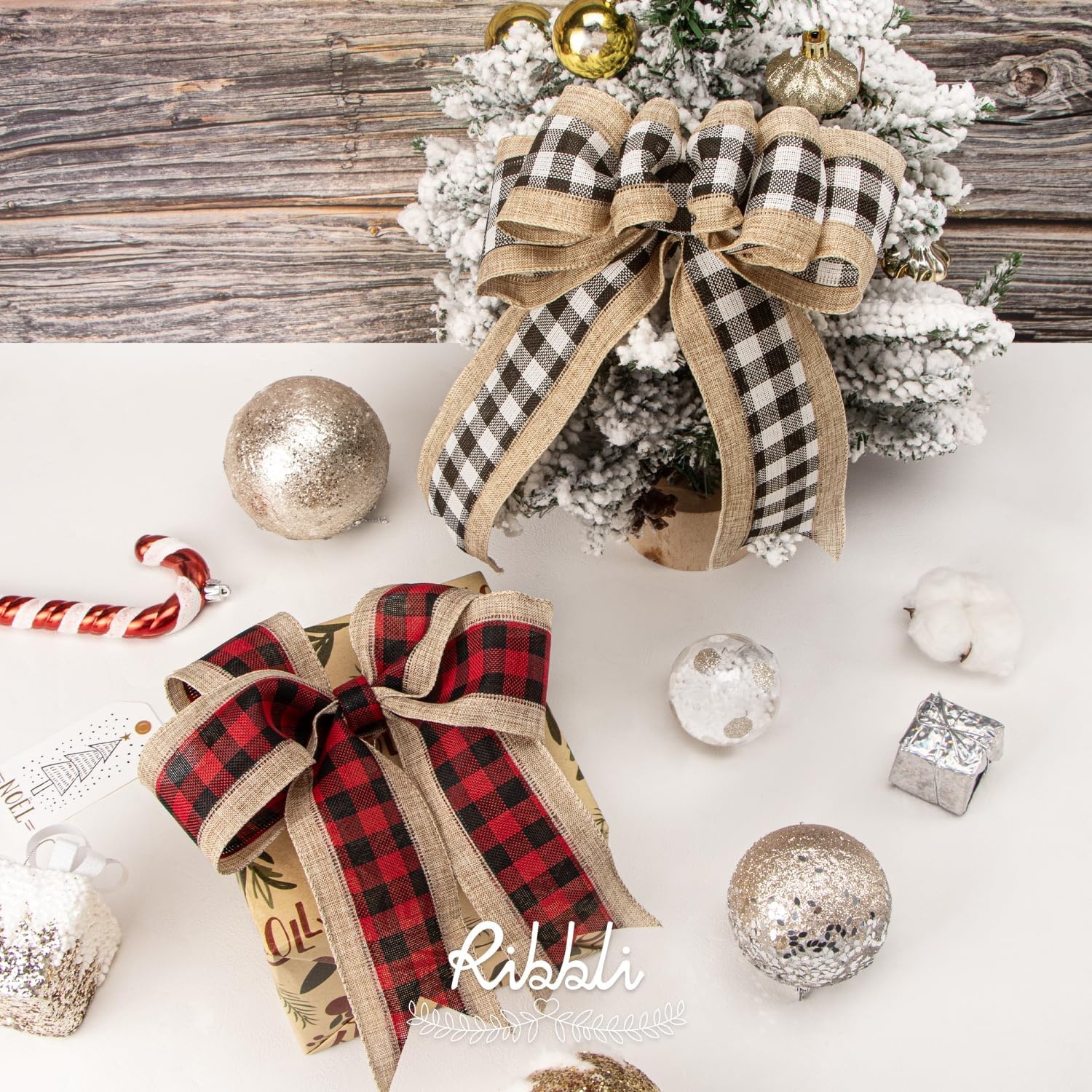 Ribbli Christmas Burlap Wired Ribbon, Buffalo Plaid with Burlap 2-1/2 Inch x Continuous 10 Yard, Christmas Ribbon for Tree, Gift Wrapping, Big Bow, Wreath-Black/White/Natural(Red/Black)